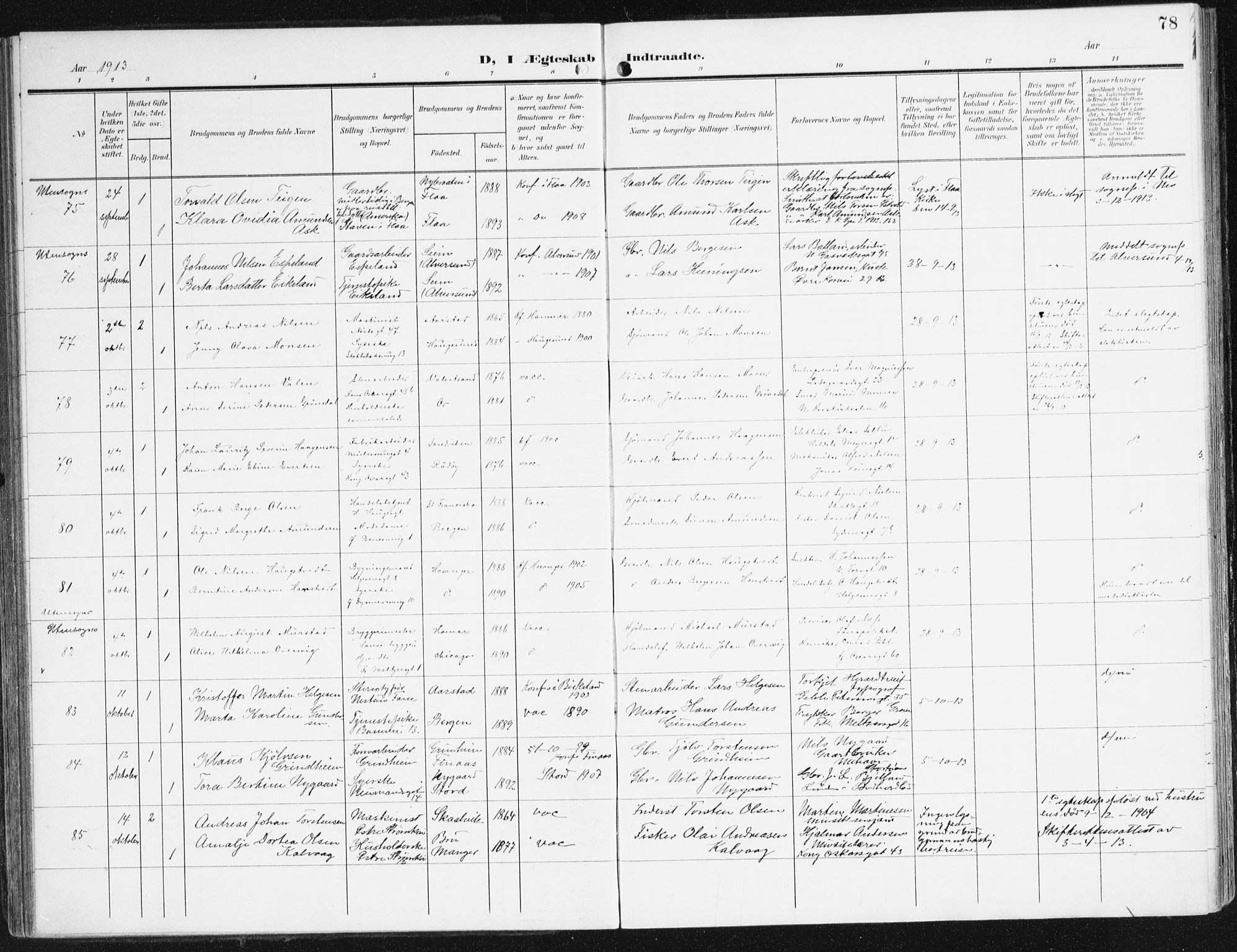 Domkirken sokneprestembete, AV/SAB-A-74801/H/Haa/L0038: Parish register (official) no. D 5, 1906-1921, p. 78