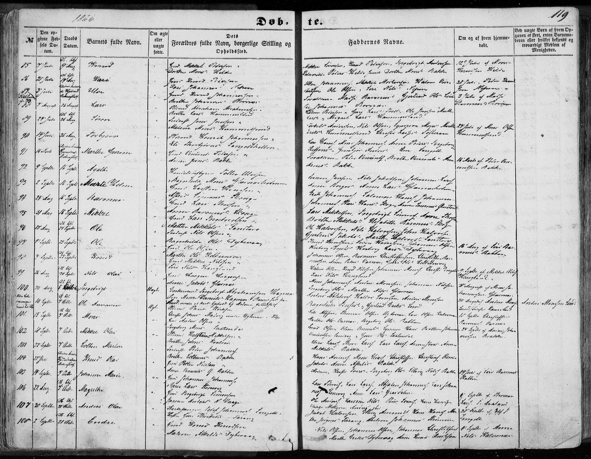 Sund sokneprestembete, SAB/A-99930: Parish register (official) no. A 14, 1850-1866, p. 119