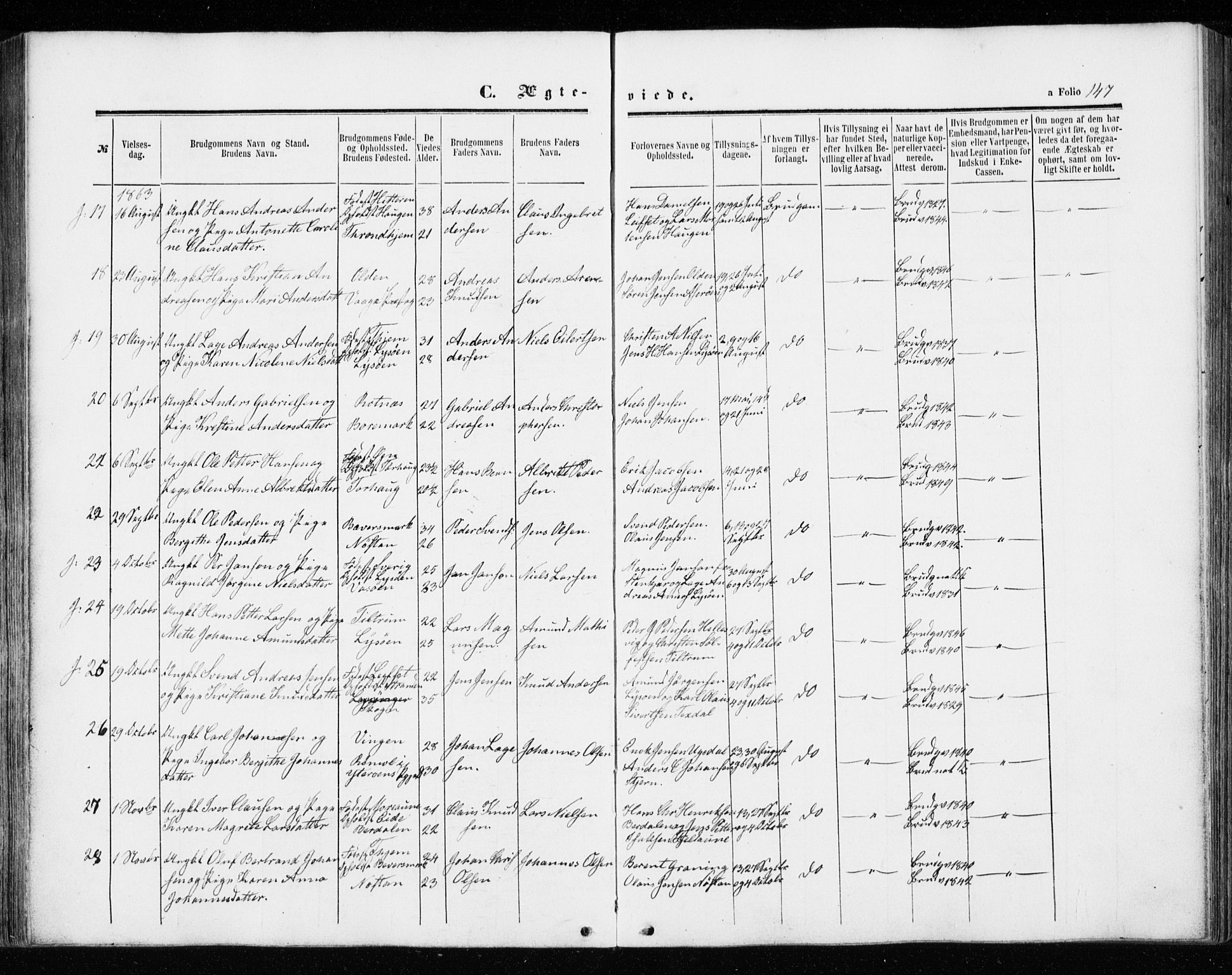 Ministerialprotokoller, klokkerbøker og fødselsregistre - Sør-Trøndelag, SAT/A-1456/655/L0678: Parish register (official) no. 655A07, 1861-1873, p. 147