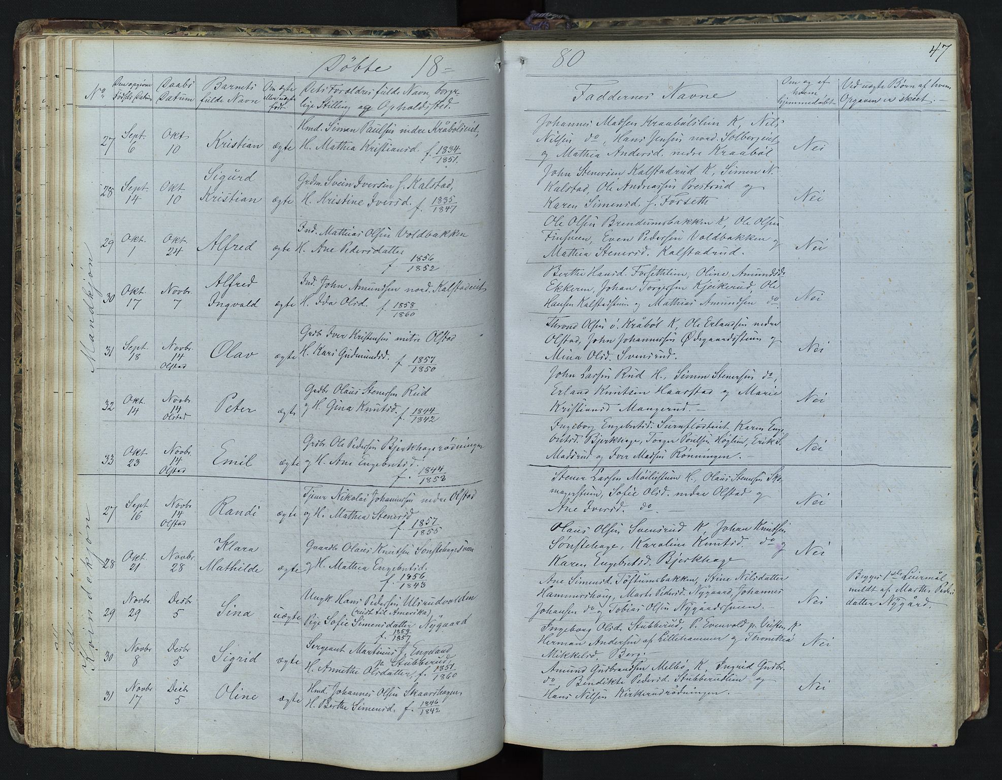 Vestre Gausdal prestekontor, AV/SAH-PREST-094/H/Ha/Hab/L0001: Parish register (copy) no. 1, 1867-1895, p. 47