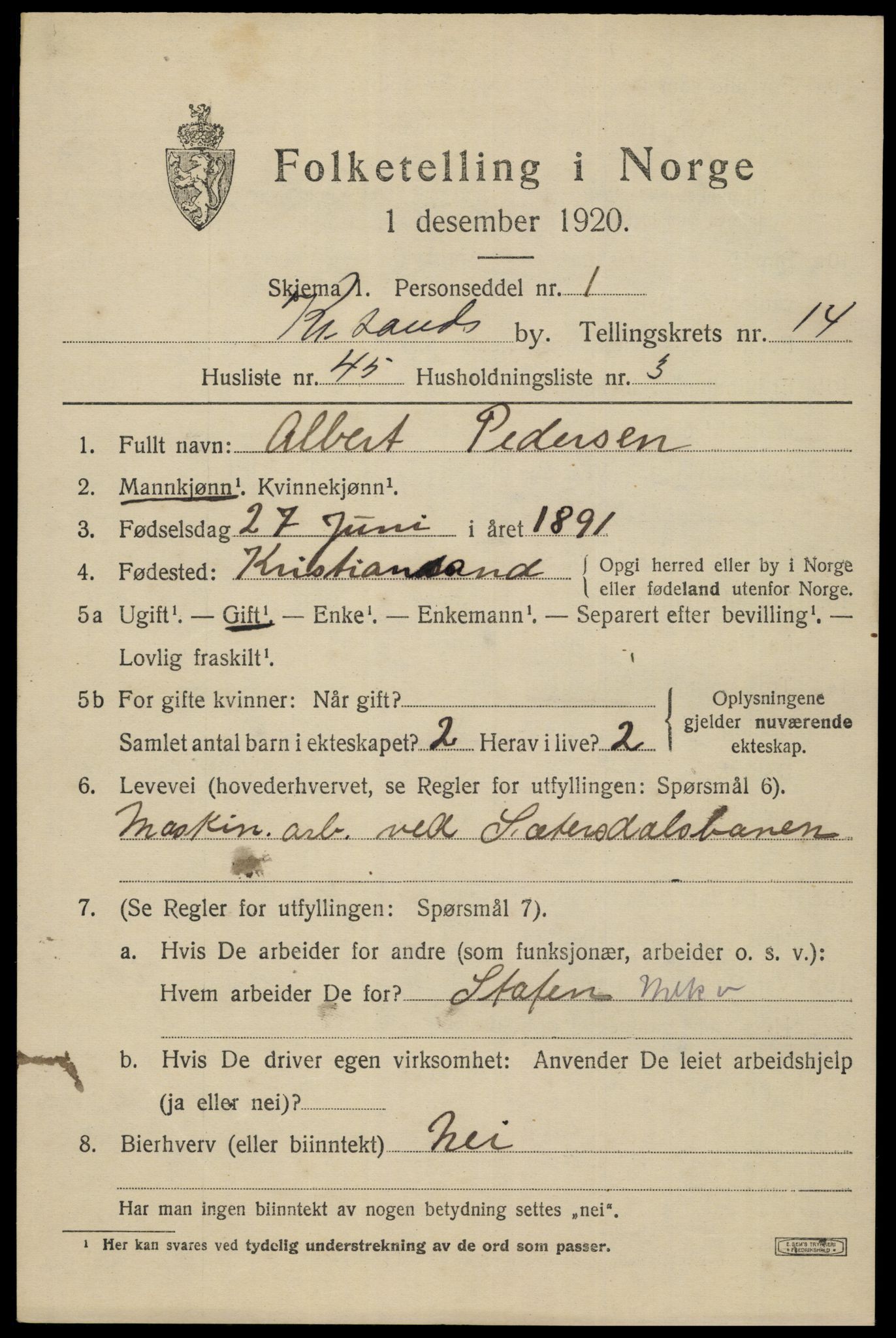 SAK, 1920 census for Kristiansand, 1920, p. 29659