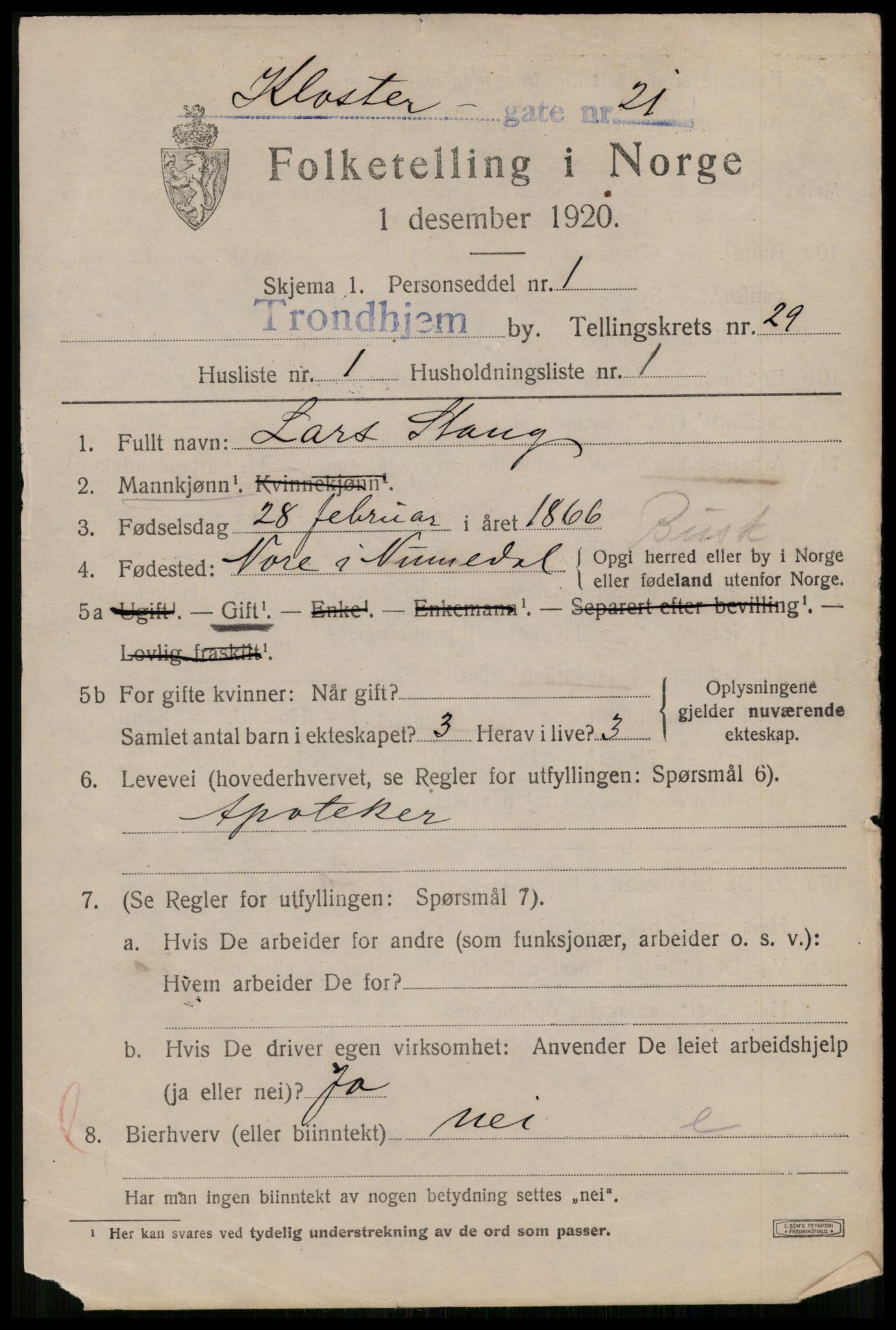 SAT, 1920 census for Trondheim, 1920, p. 72136
