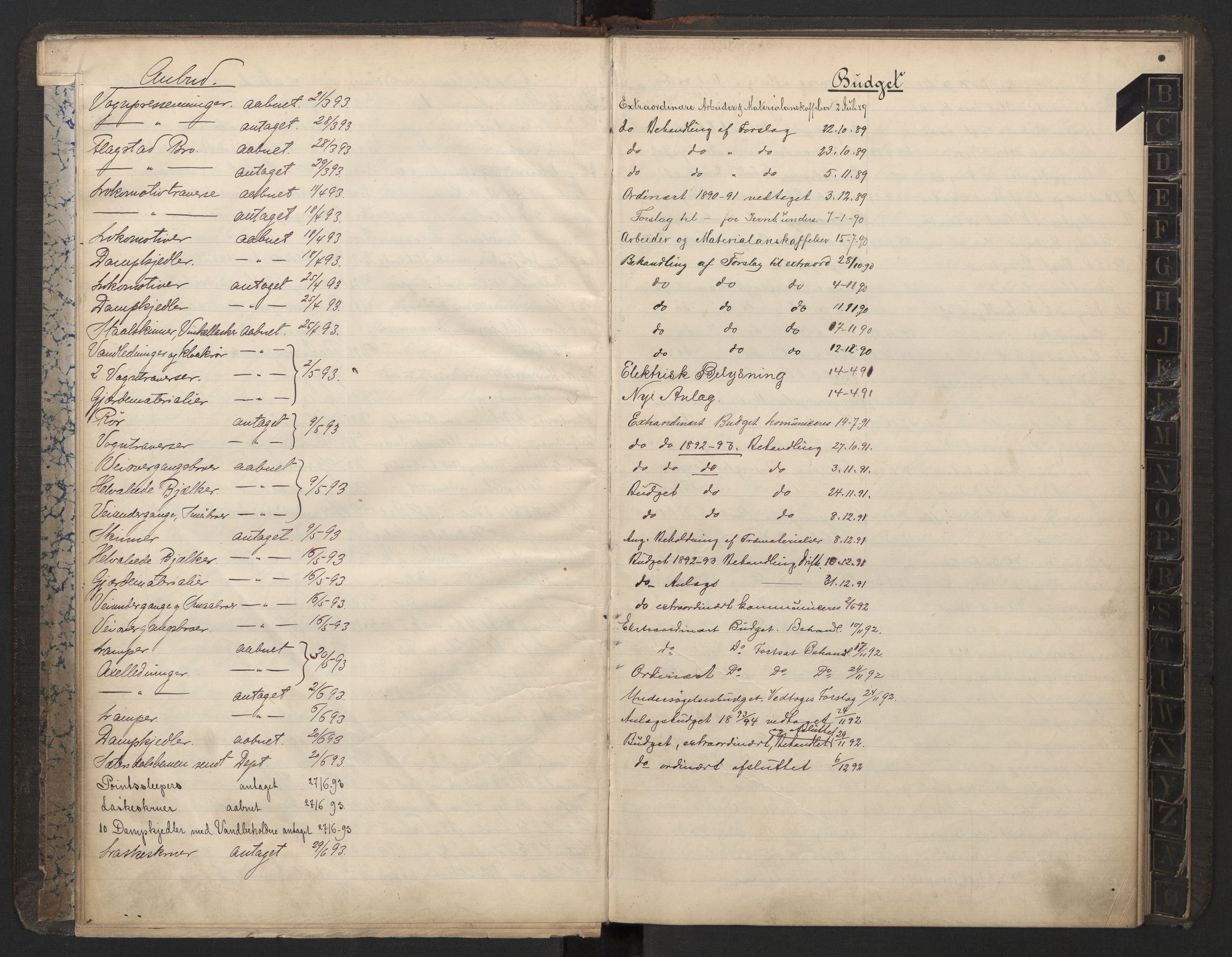 Norges statsbaner, Administrasjons- økonomi- og personalavdelingen, AV/RA-S-3412/A/Aa/L0028: Register til forhandlingsprotokoll, 1889-1893