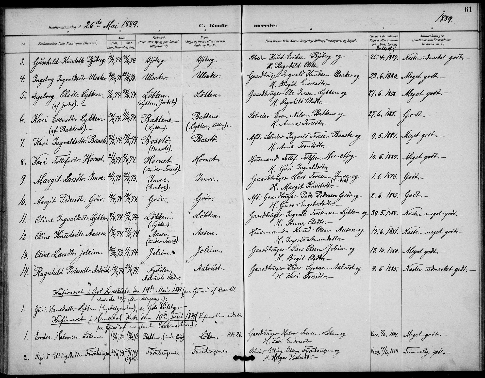 Gol kirkebøker, AV/SAKO-A-226/F/Fb/L0001: Parish register (official) no. II 1, 1887-1900, p. 61