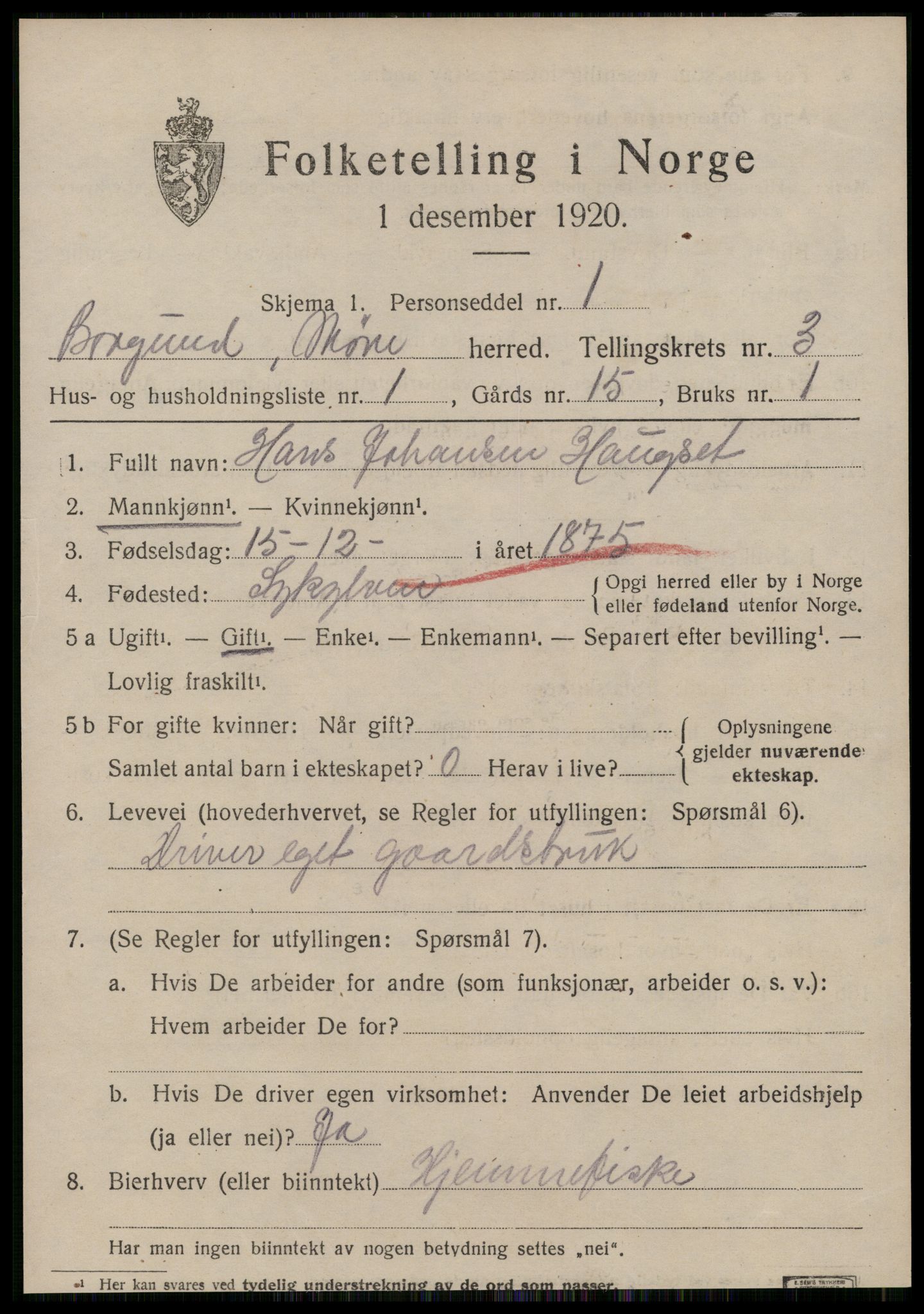 SAT, 1920 census for Borgund, 1920, p. 3314
