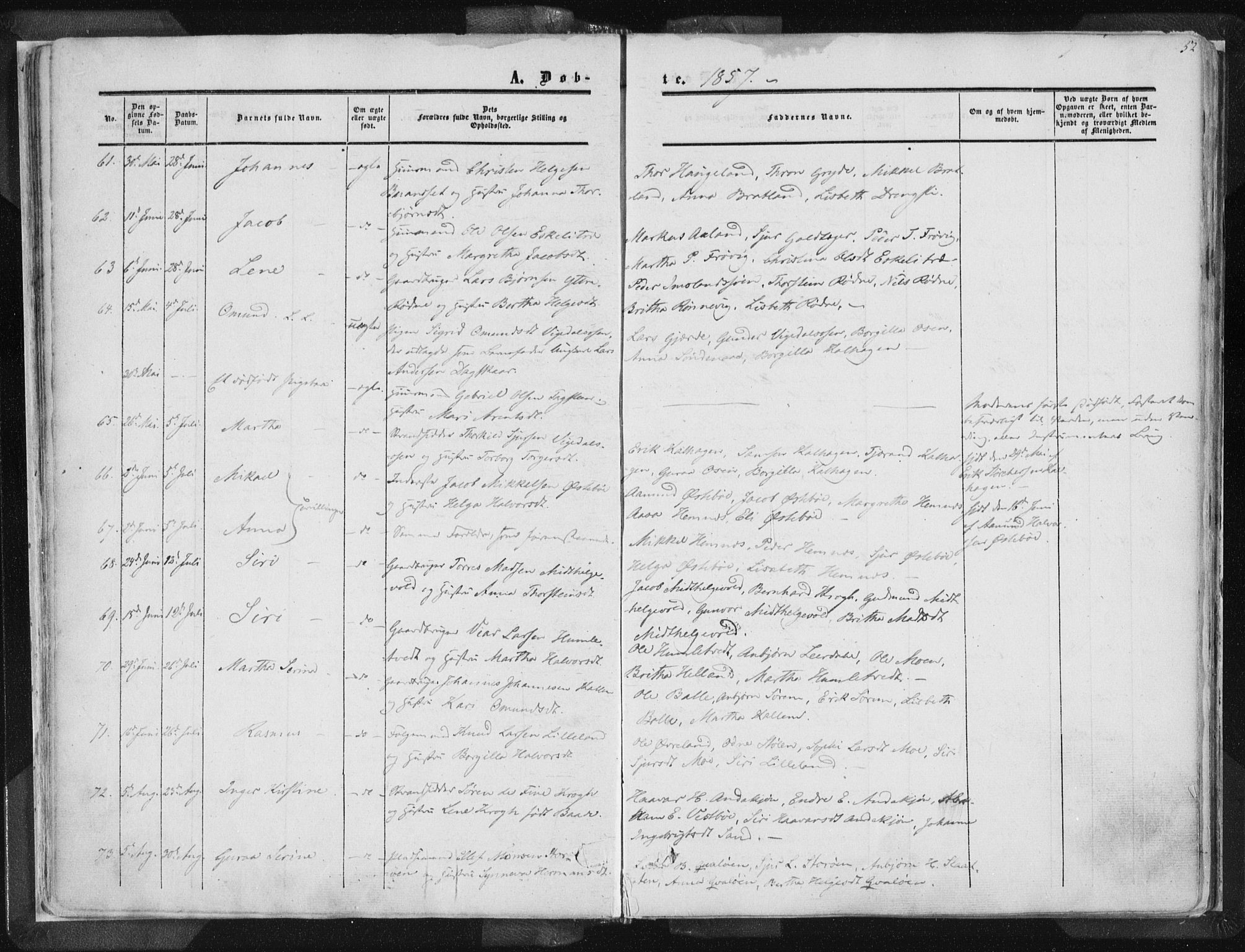 Vikedal sokneprestkontor, AV/SAST-A-101840/01/IV: Parish register (official) no. A 6.1, 1851-1867, p. 52