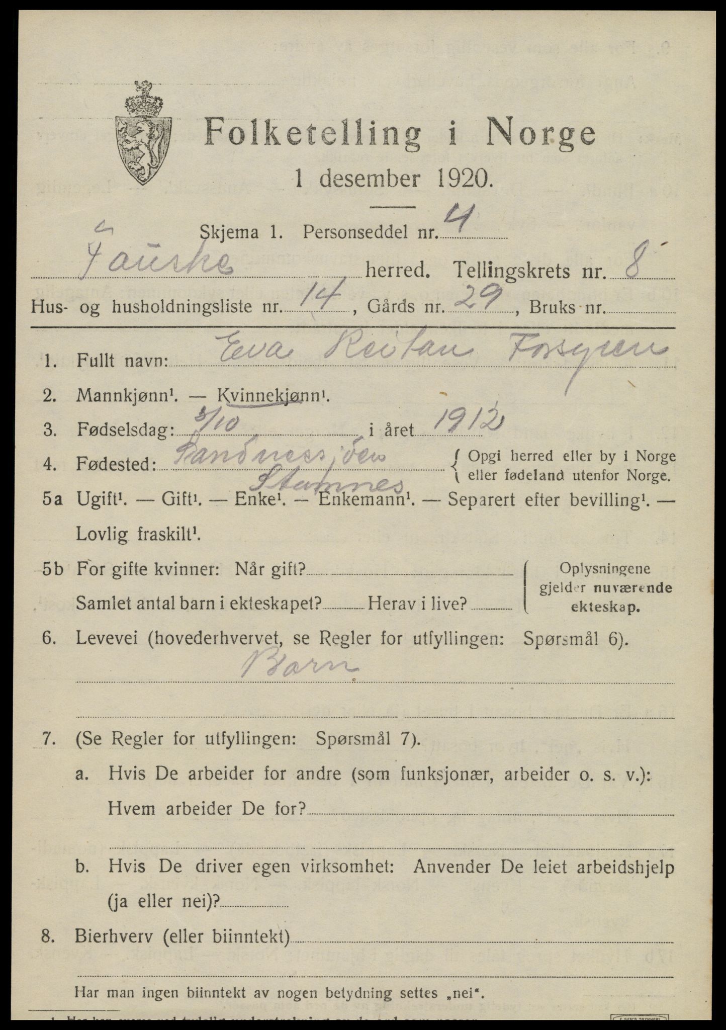 SAT, 1920 census for Fauske, 1920, p. 6458