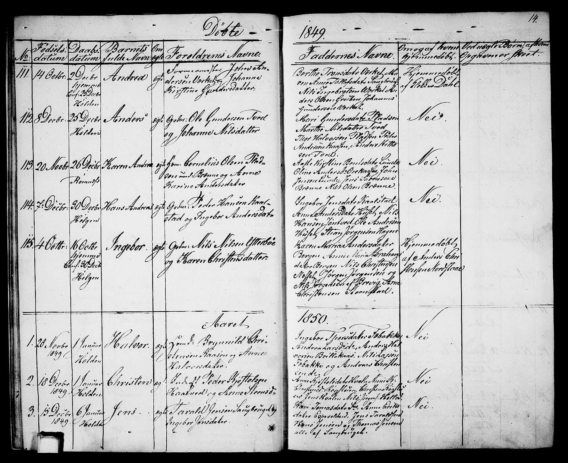 Holla kirkebøker, AV/SAKO-A-272/G/Ga/L0003: Parish register (copy) no. I 3, 1849-1866, p. 14