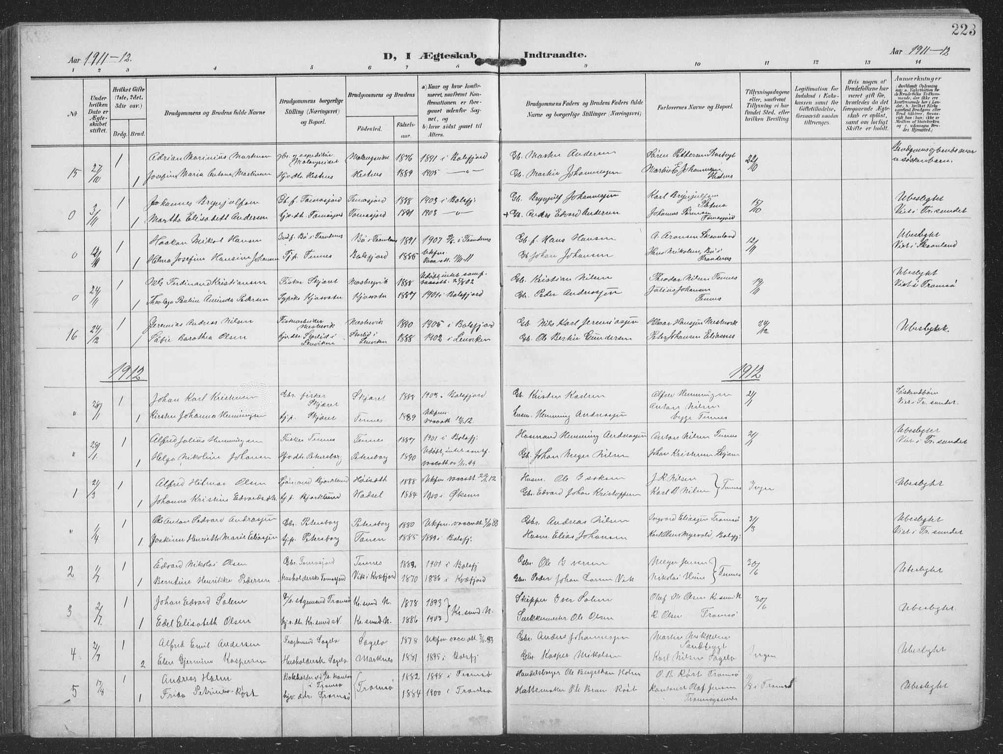 Balsfjord sokneprestembete, AV/SATØ-S-1303/G/Ga/L0009klokker: Parish register (copy) no. 9, 1906-1920, p. 223