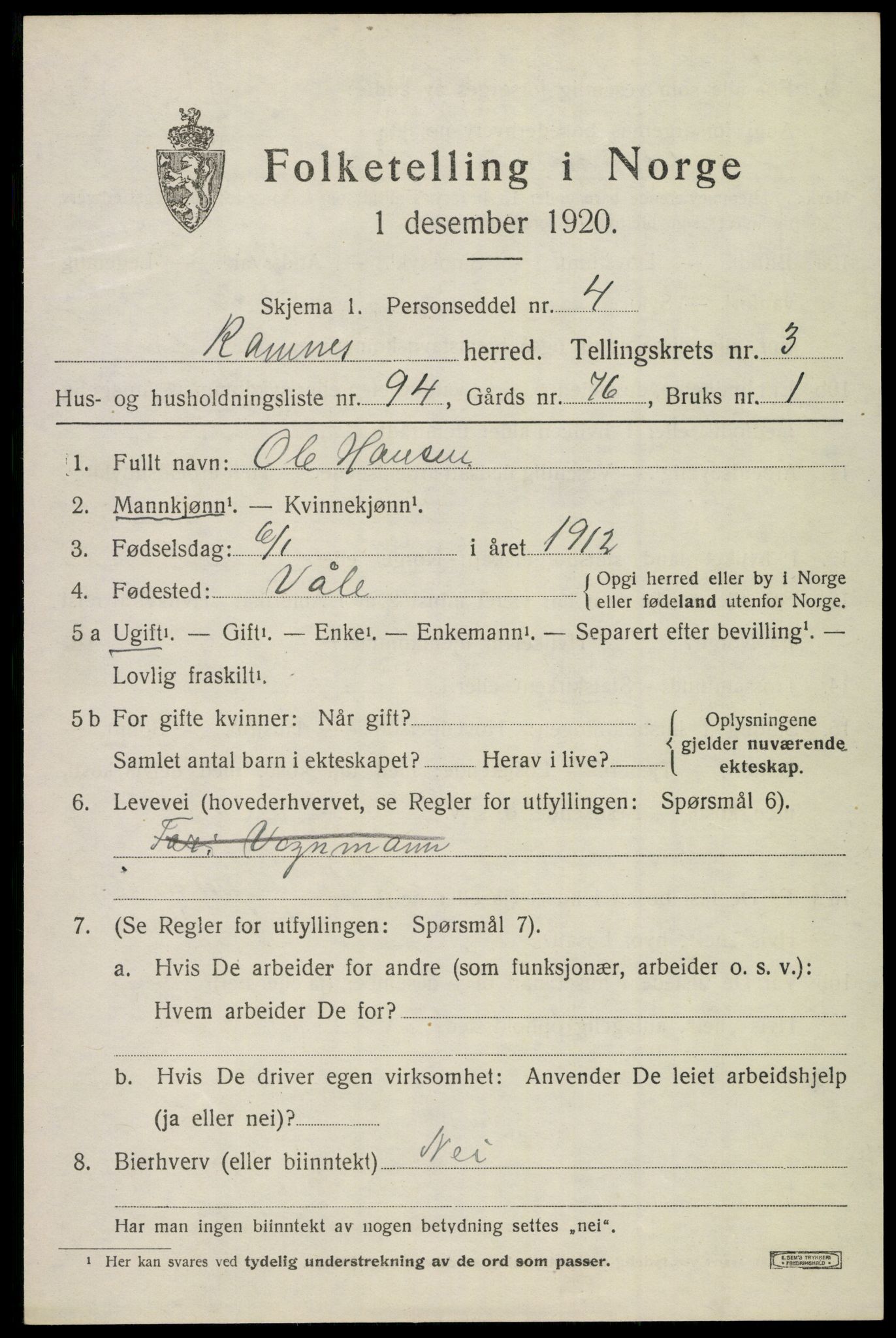 SAKO, 1920 census for Ramnes, 1920, p. 4318