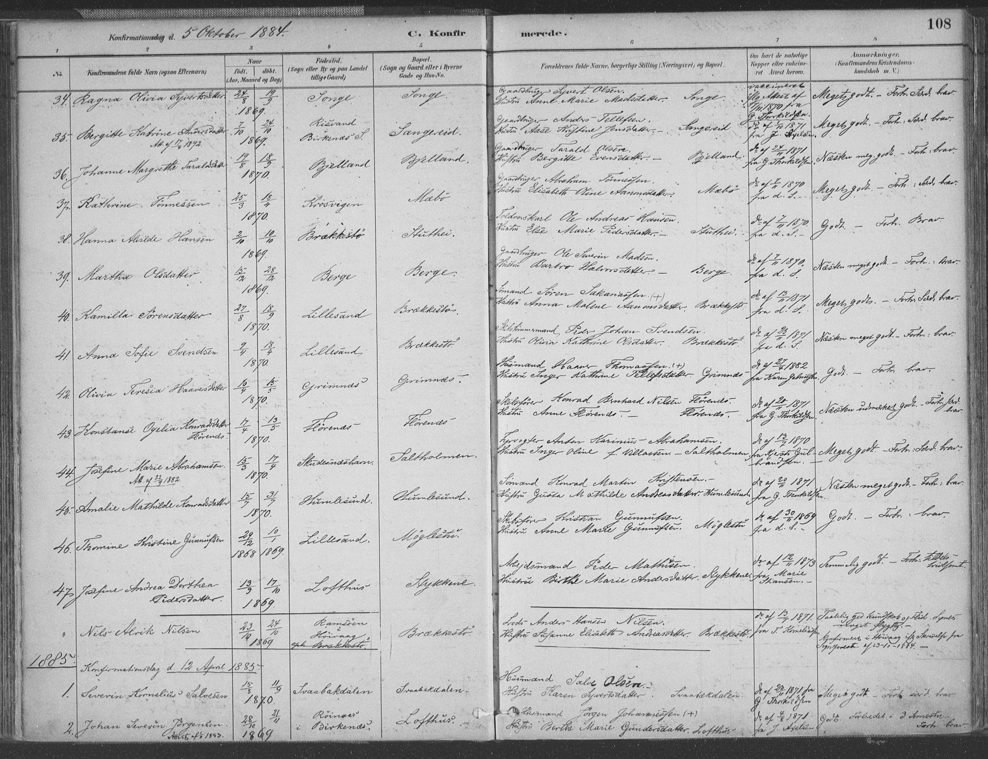 Vestre Moland sokneprestkontor, SAK/1111-0046/F/Fa/Fab/L0009: Parish register (official) no. A 9, 1884-1899, p. 108