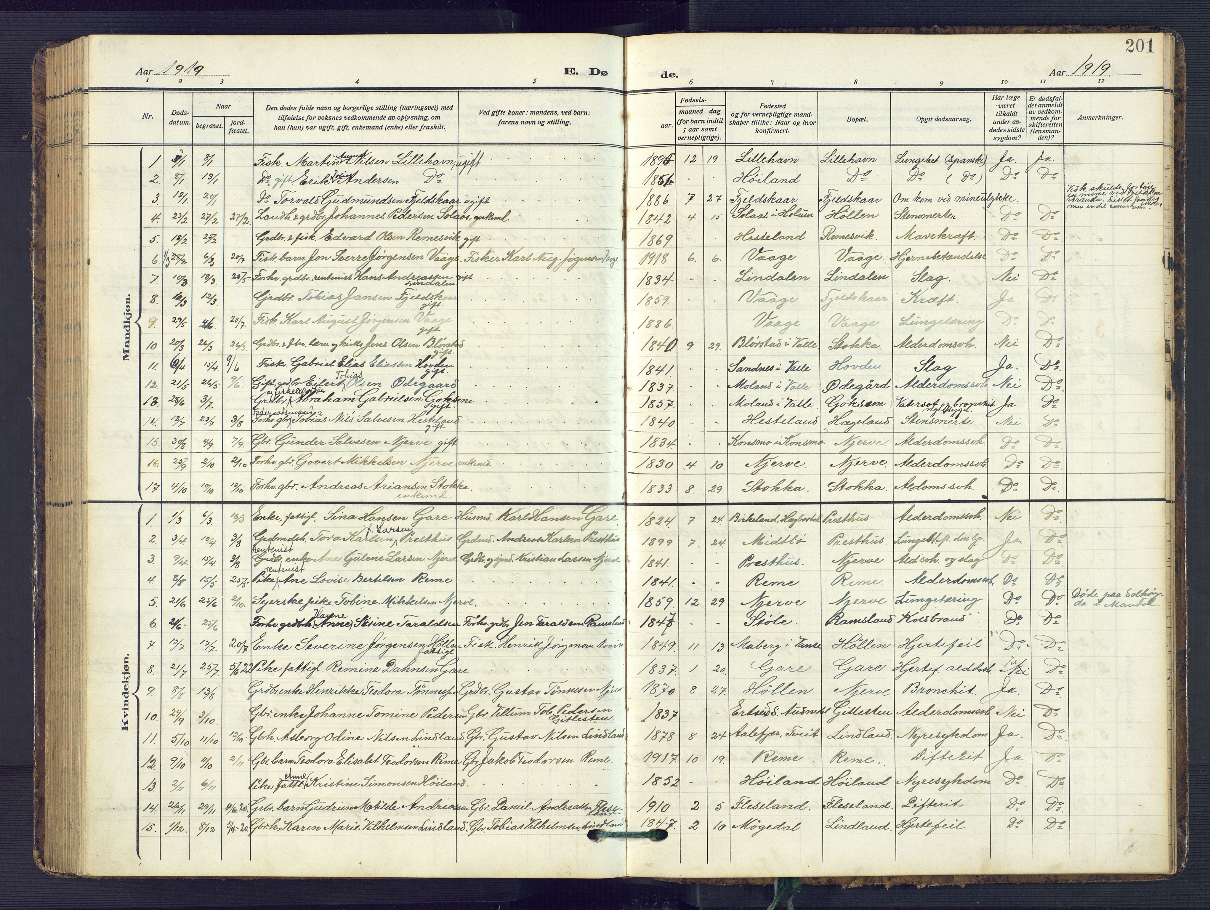 Sør-Audnedal sokneprestkontor, SAK/1111-0039/F/Fb/Fba/L0005: Parish register (copy) no. B 5, 1908-1963, p. 201