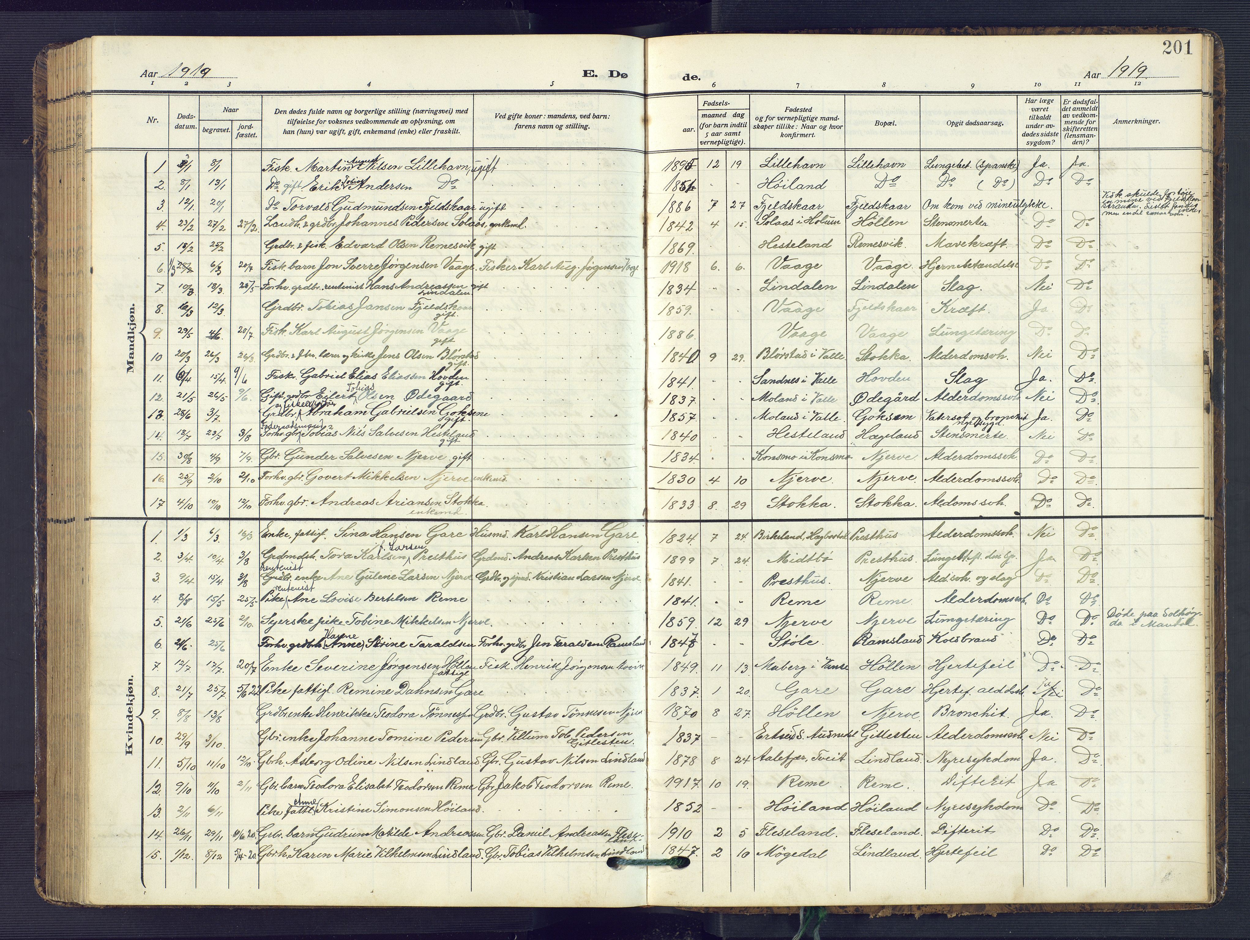 Sør-Audnedal sokneprestkontor, AV/SAK-1111-0039/F/Fb/Fba/L0005: Parish register (copy) no. B 5, 1908-1963, p. 201