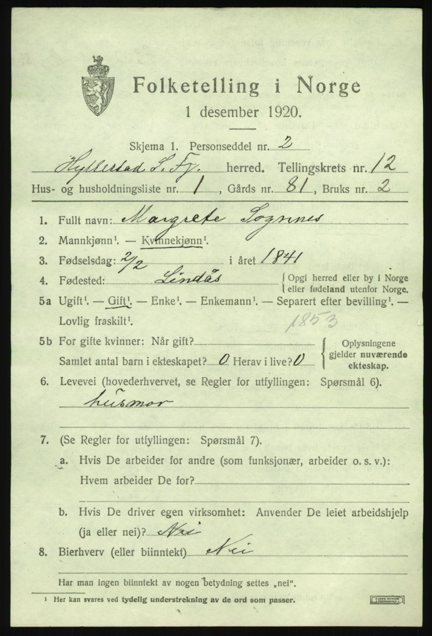 SAB, 1920 census for Hyllestad, 1920, p. 4480