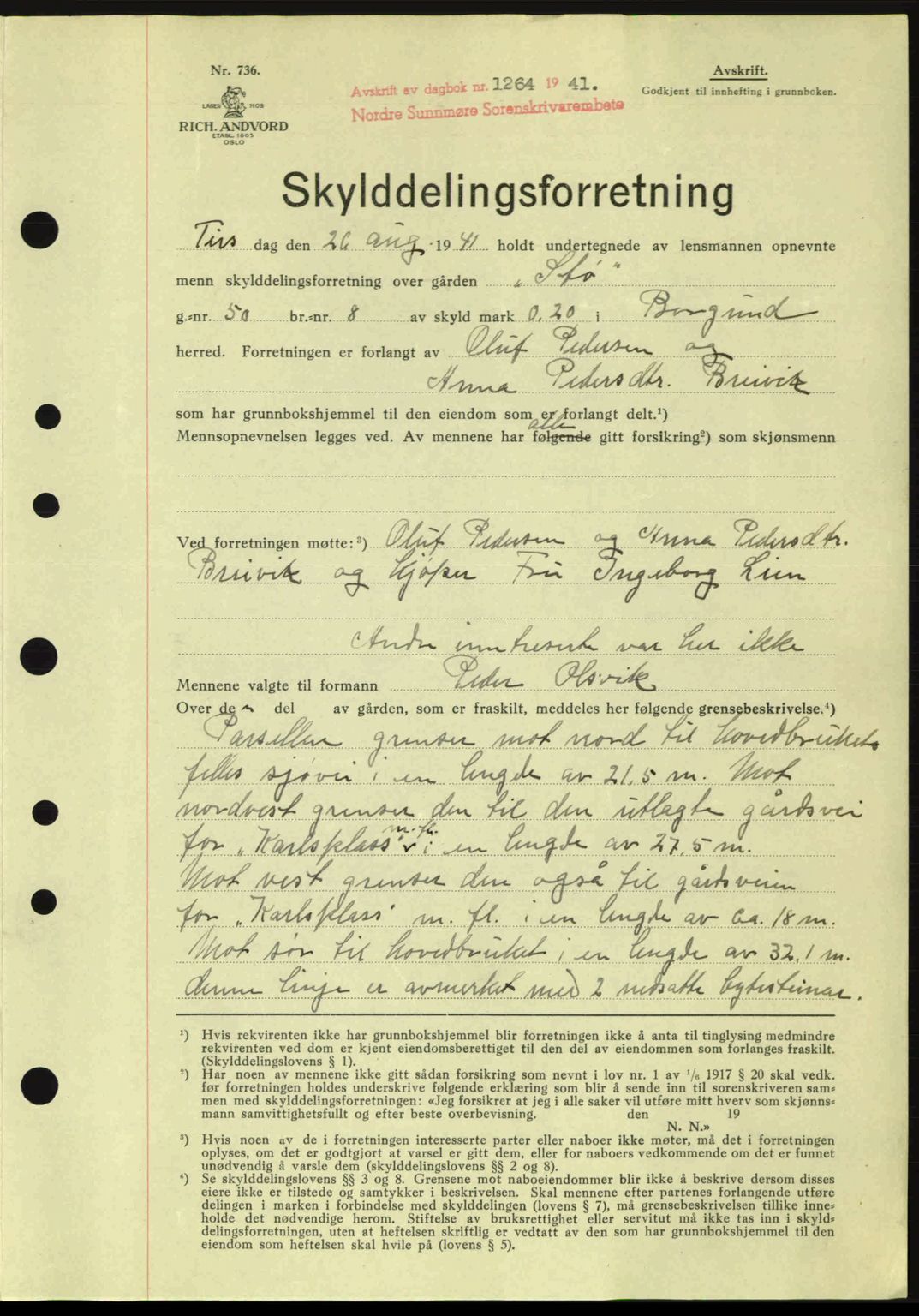 Nordre Sunnmøre sorenskriveri, SAT/A-0006/1/2/2C/2Ca: Mortgage book no. A11, 1941-1941, Diary no: : 1264/1941