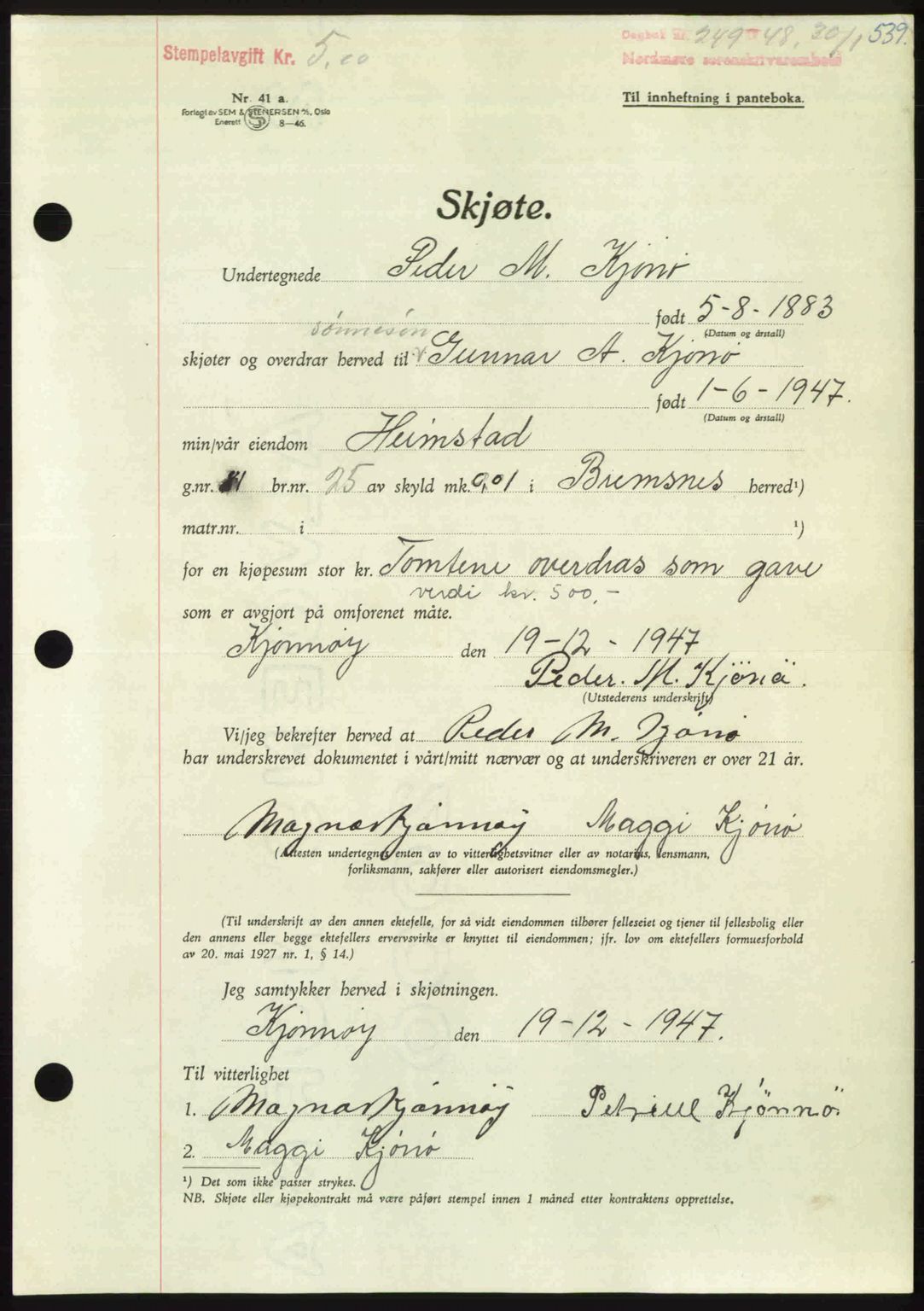 Nordmøre sorenskriveri, AV/SAT-A-4132/1/2/2Ca: Mortgage book no. A107, 1947-1948, Diary no: : 249/1948