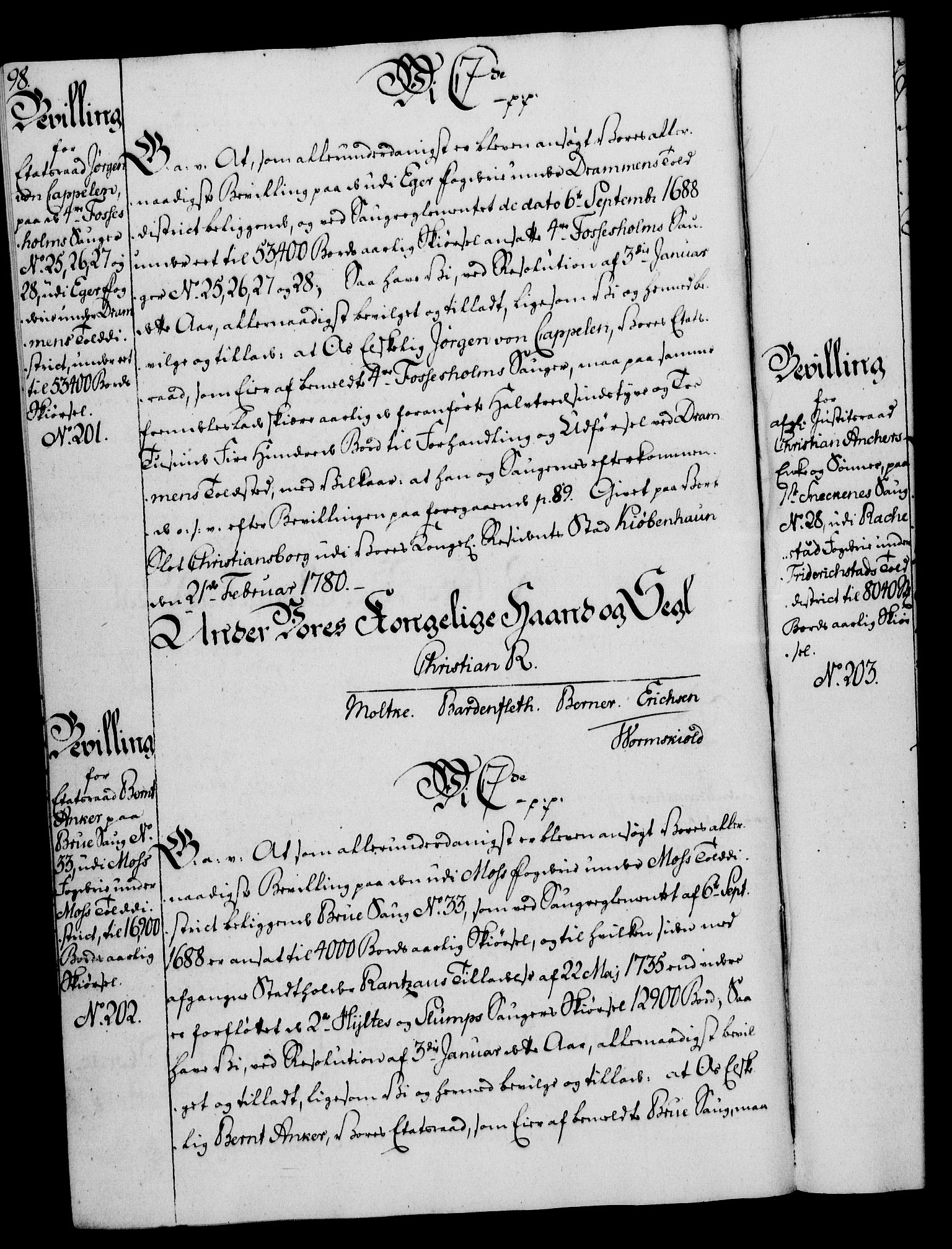 Rentekammeret, Kammerkanselliet, AV/RA-EA-3111/G/Gg/Gga/L0011: Norsk ekspedisjonsprotokoll med register (merket RK 53.11), 1779-1781, p. 98