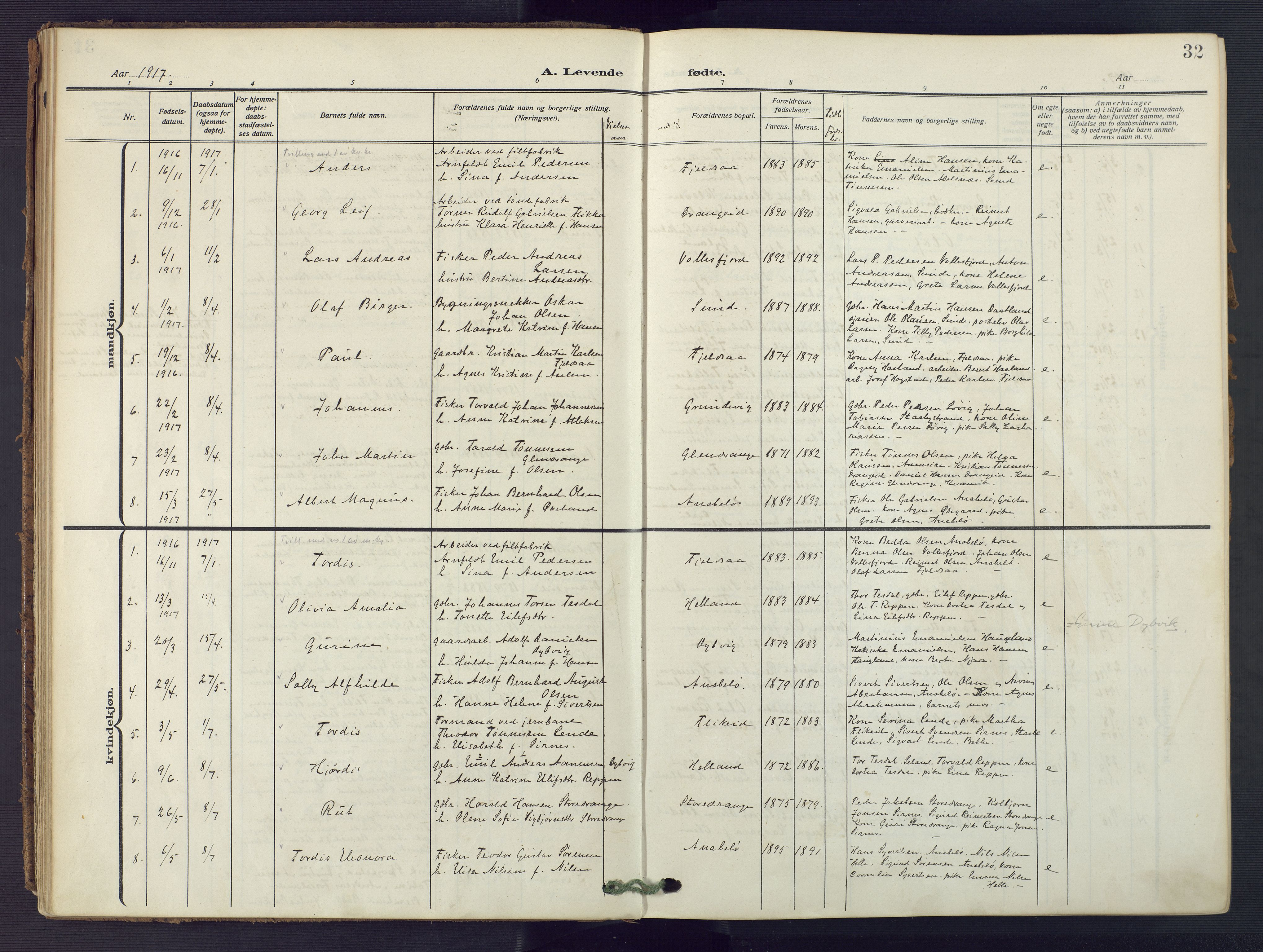 Flekkefjord sokneprestkontor, AV/SAK-1111-0012/F/Fa/Fac/L0010: Parish register (official) no. A 10, 1910-1927, p. 32