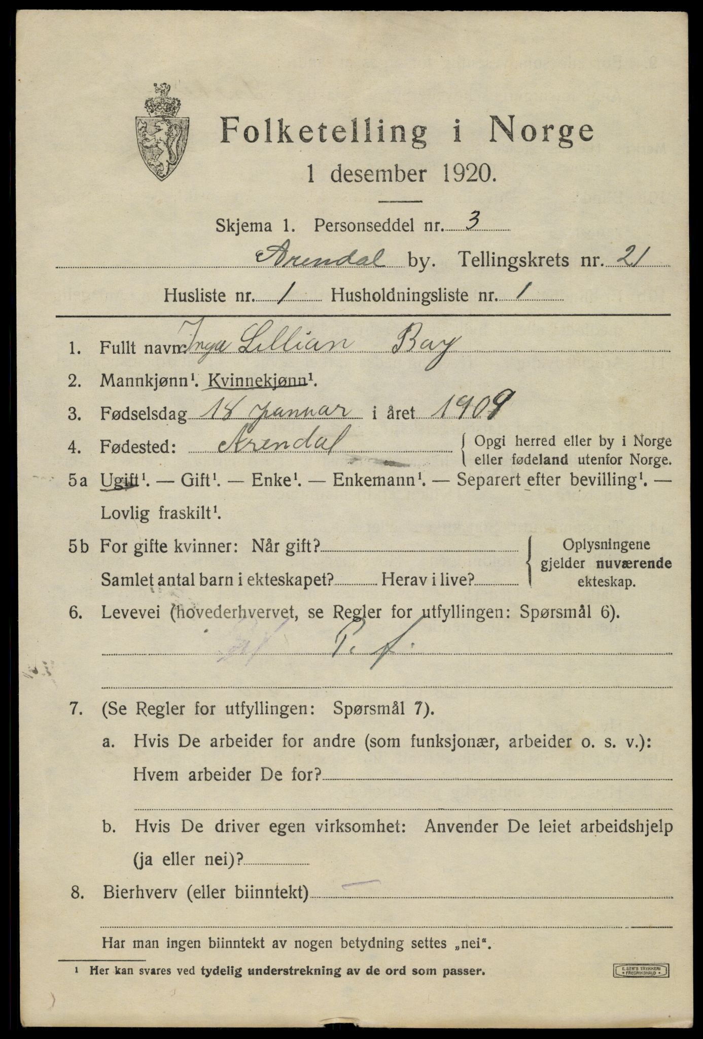 SAK, 1920 census for Arendal, 1920, p. 27512