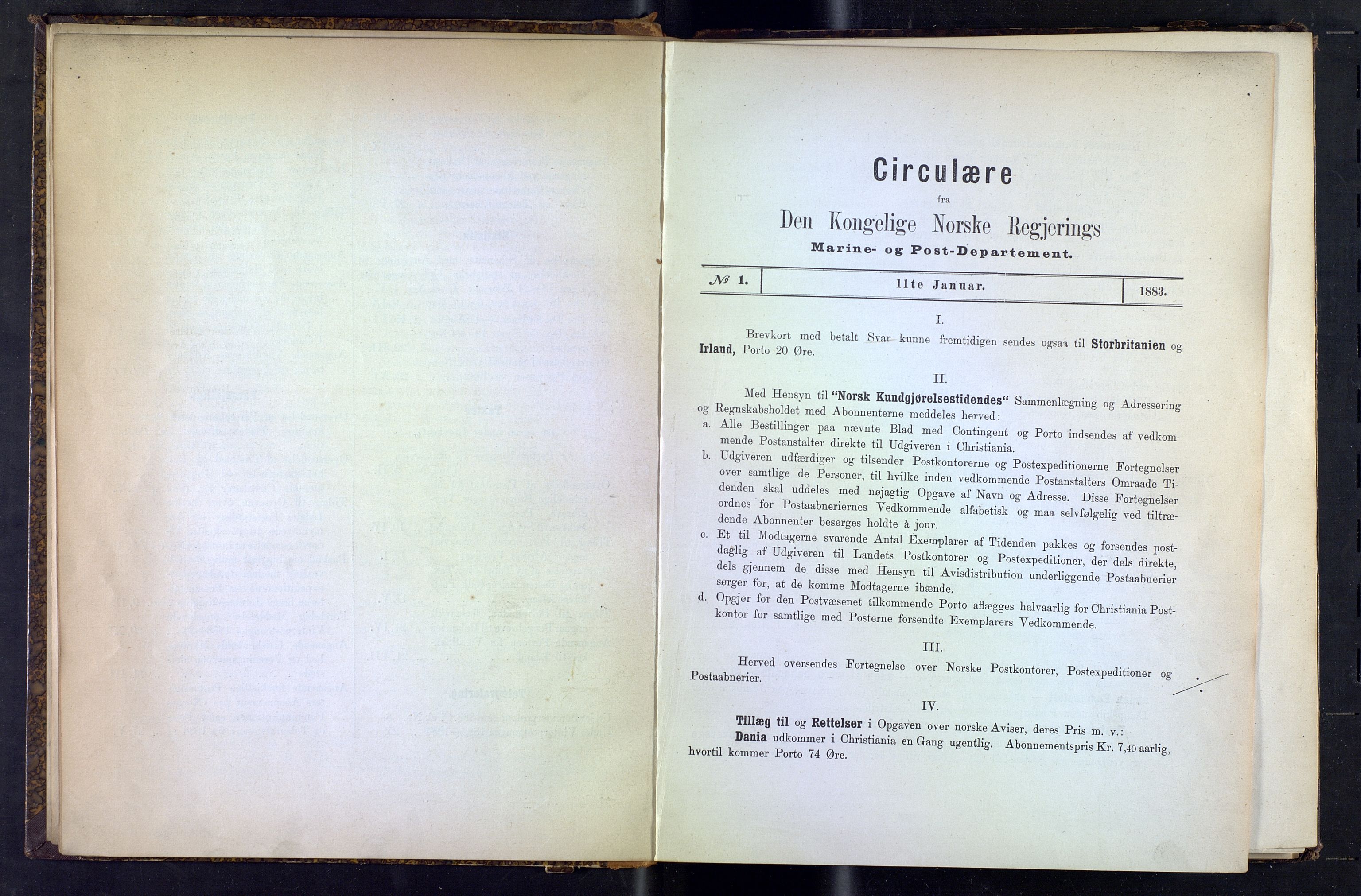 Norges Postmuseums bibliotek, NOPO/-/-/-: Sirkulærer fra Den Kongelige Norske Regjerings Marine- og Postdepartement, 1883