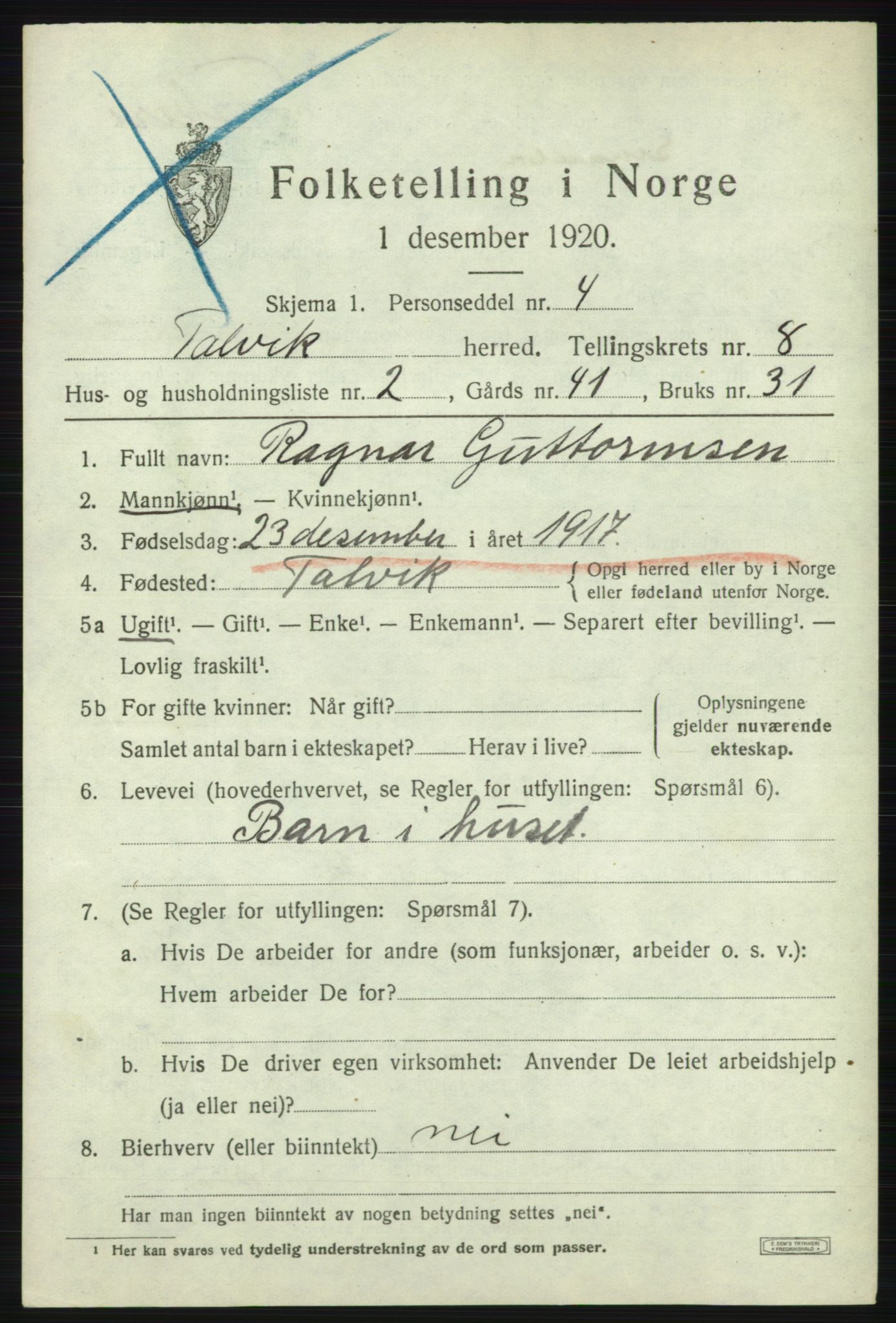 SATØ, 1920 census for Talvik, 1920, p. 4998