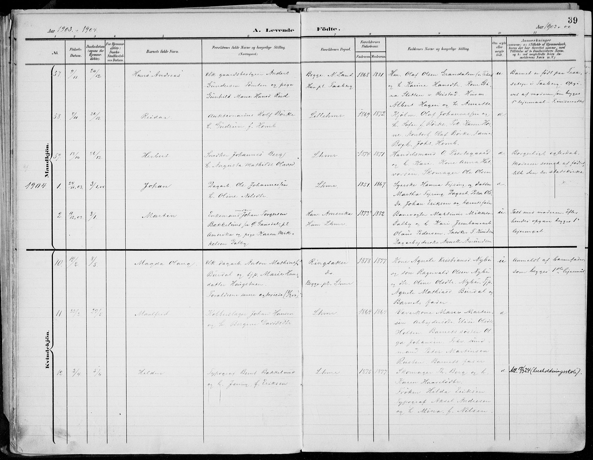 Lillehammer prestekontor, SAH/PREST-088/H/Ha/Haa/L0001: Parish register (official) no. 1, 1901-1916, p. 39