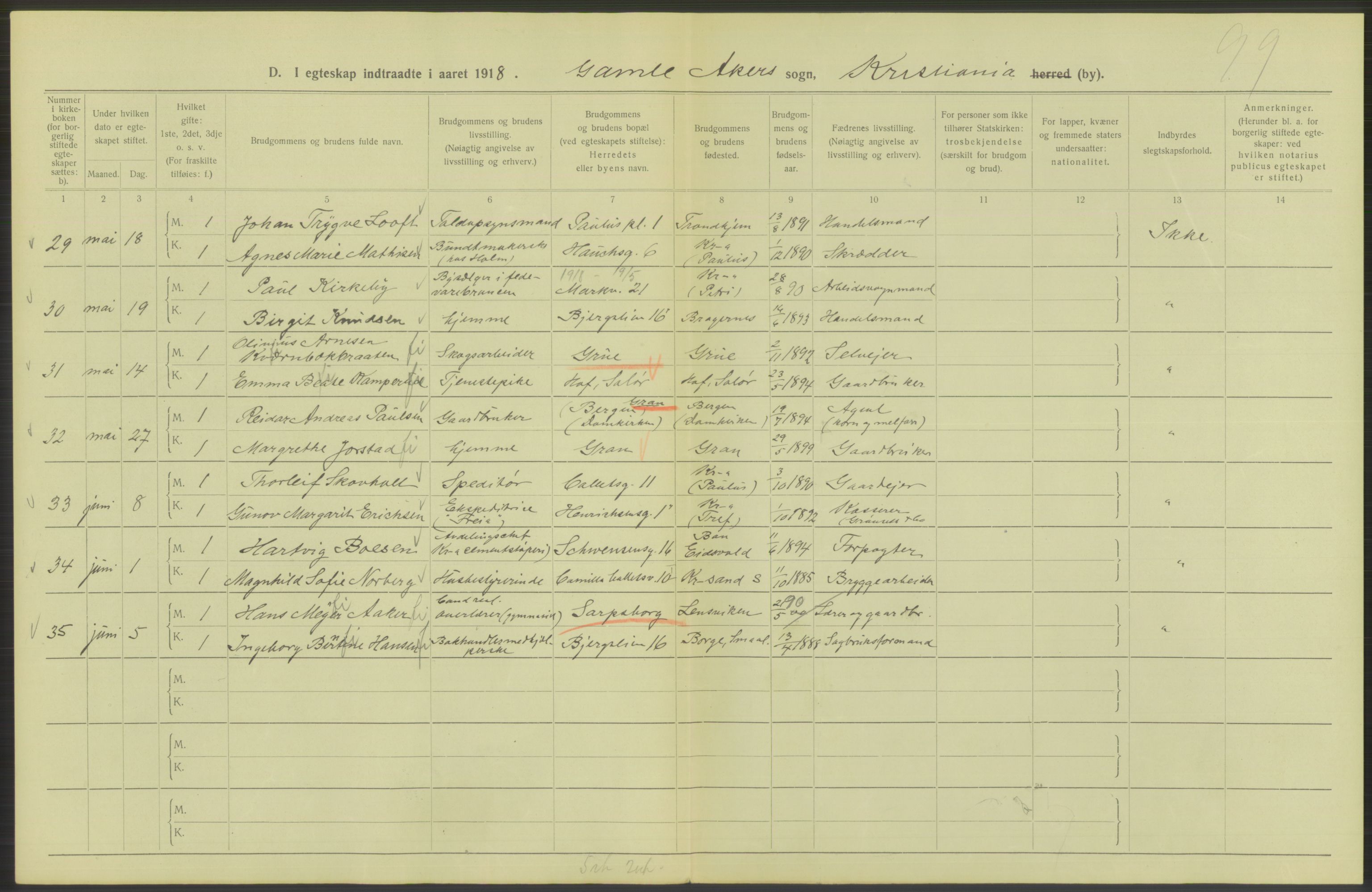 Statistisk sentralbyrå, Sosiodemografiske emner, Befolkning, AV/RA-S-2228/D/Df/Dfb/Dfbh/L0009: Kristiania: Gifte, 1918, p. 310