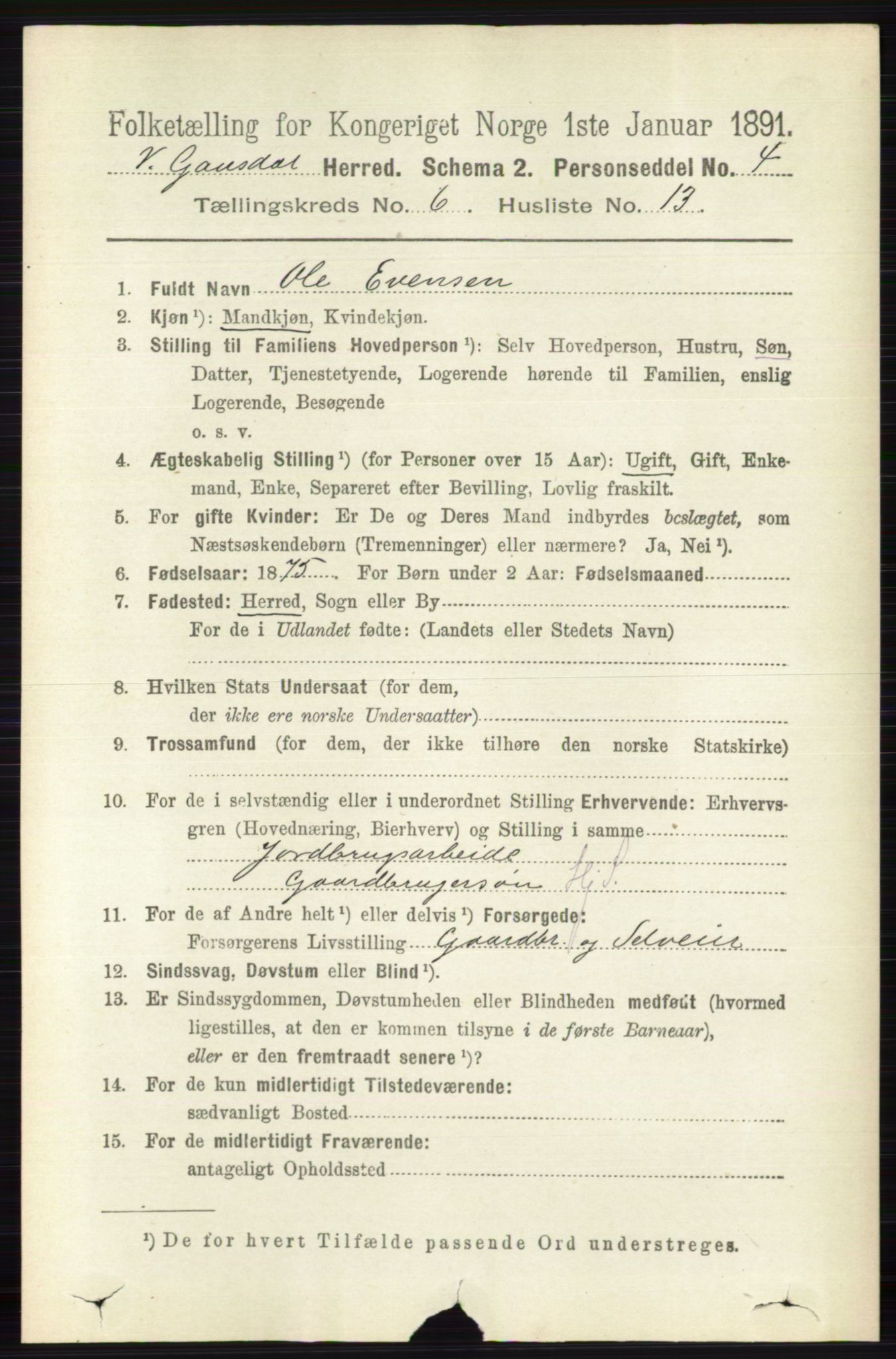 RA, 1891 census for 0523 Vestre Gausdal, 1891, p. 2639
