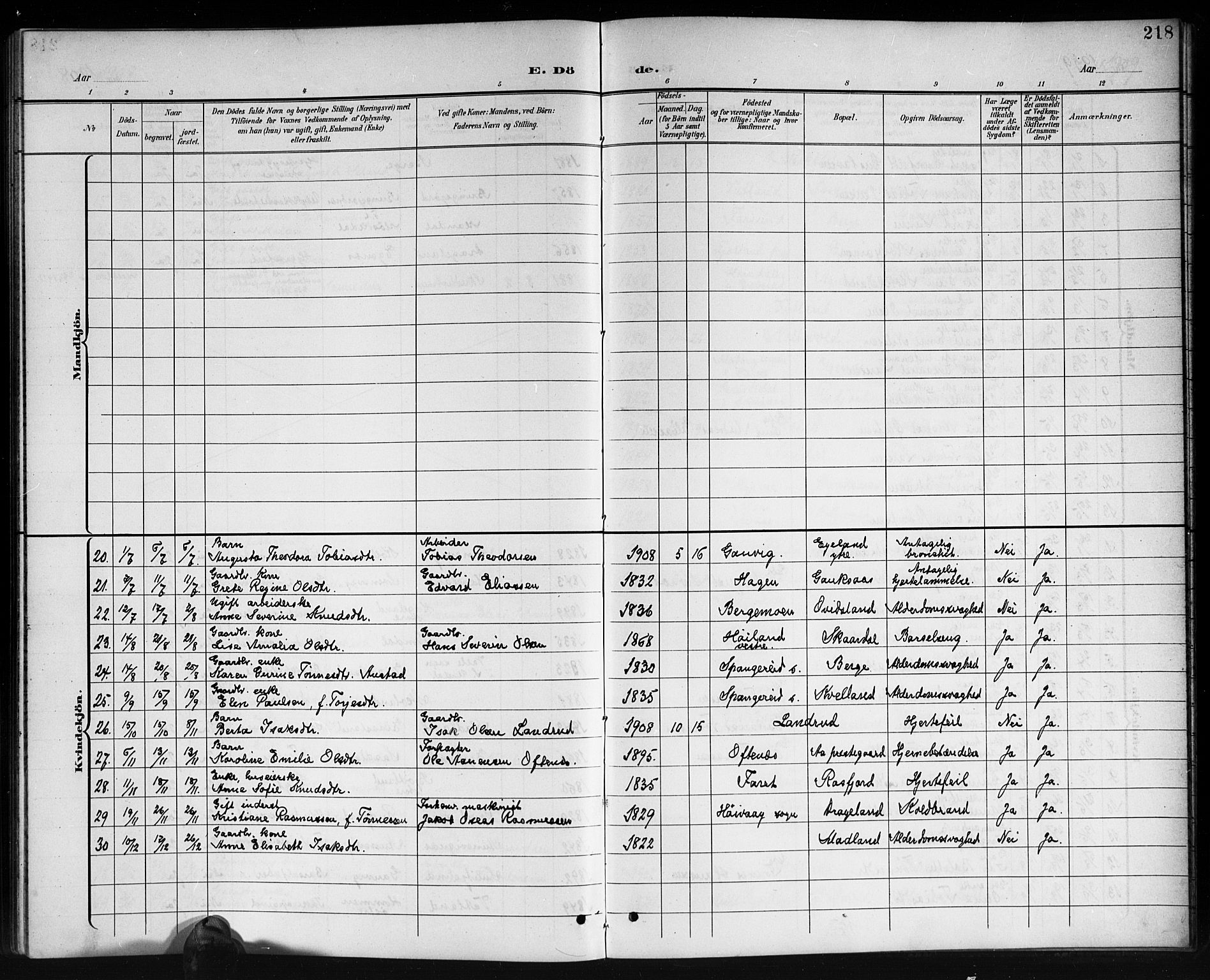 Lyngdal sokneprestkontor, AV/SAK-1111-0029/F/Fb/Fbc/L0005: Parish register (copy) no. B 5, 1897-1913, p. 218