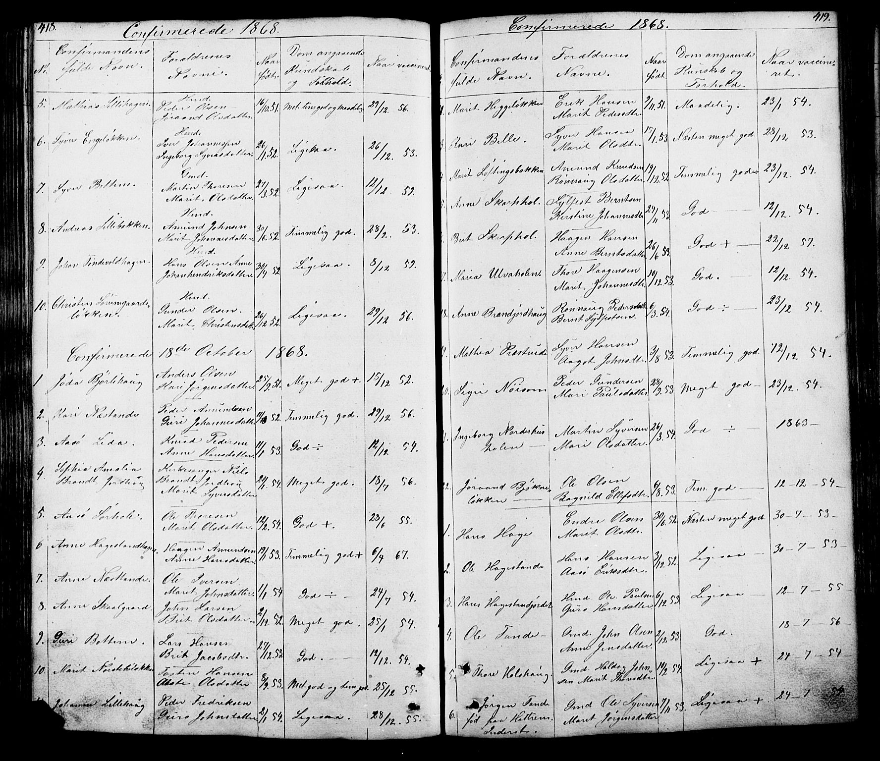 Lesja prestekontor, SAH/PREST-068/H/Ha/Hab/L0005: Parish register (copy) no. 5, 1850-1894, p. 418-419