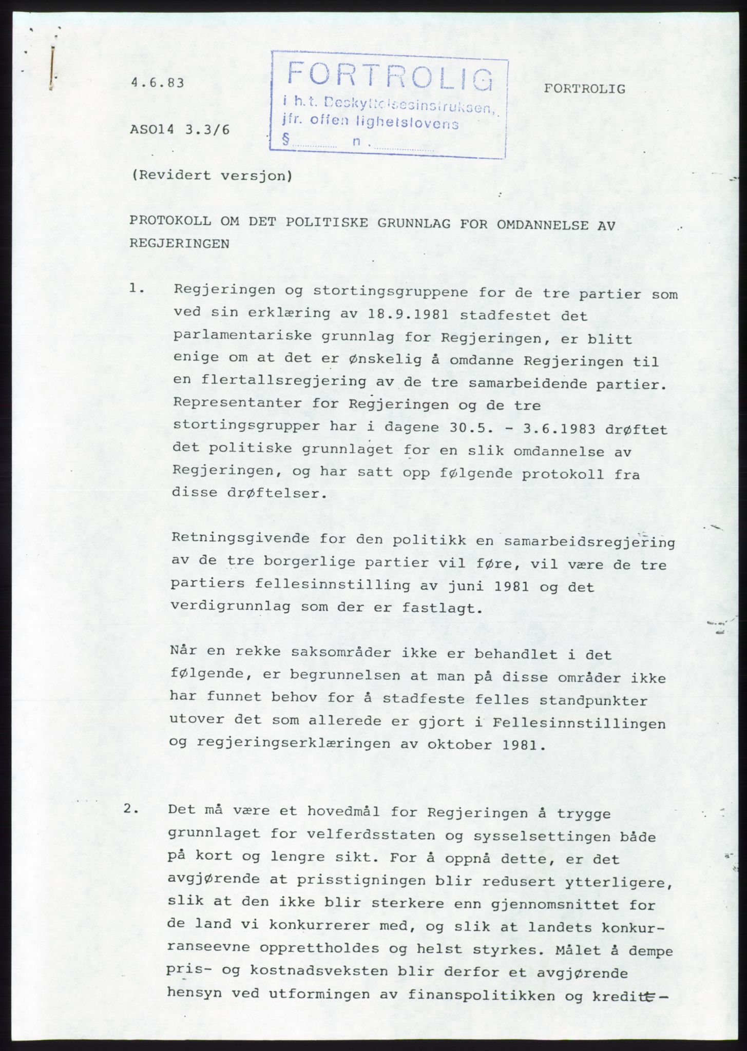 Forhandlingsmøtene 1983 mellom Høyre, KrF og Senterpartiet om dannelse av regjering, RA/PA-0696/A/L0001: Forhandlingsprotokoll, 1983, p. 3