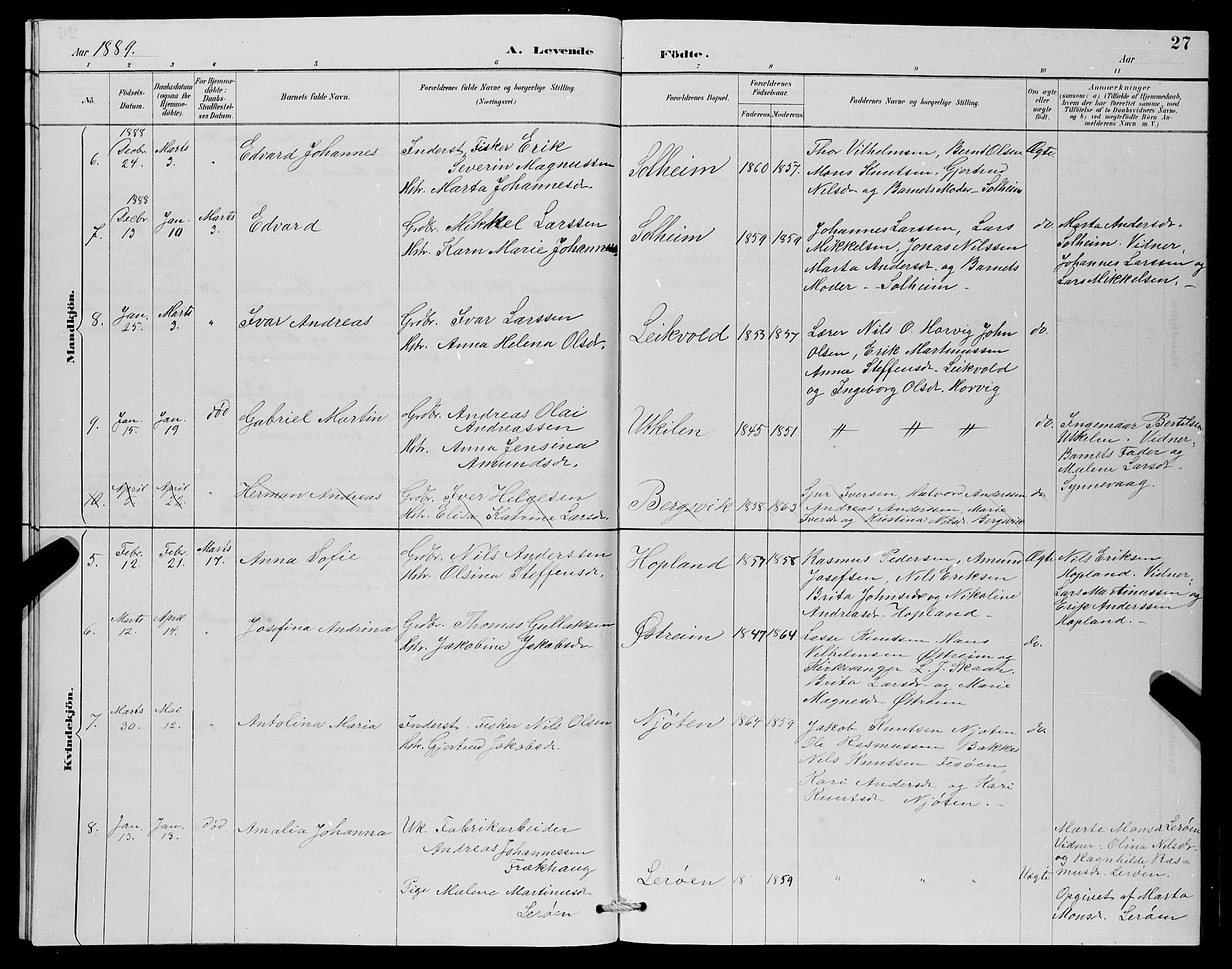 Lindås Sokneprestembete, AV/SAB-A-76701/H/Hab/Habc/L0003: Parish register (copy) no. C 3, 1886-1893, p. 27