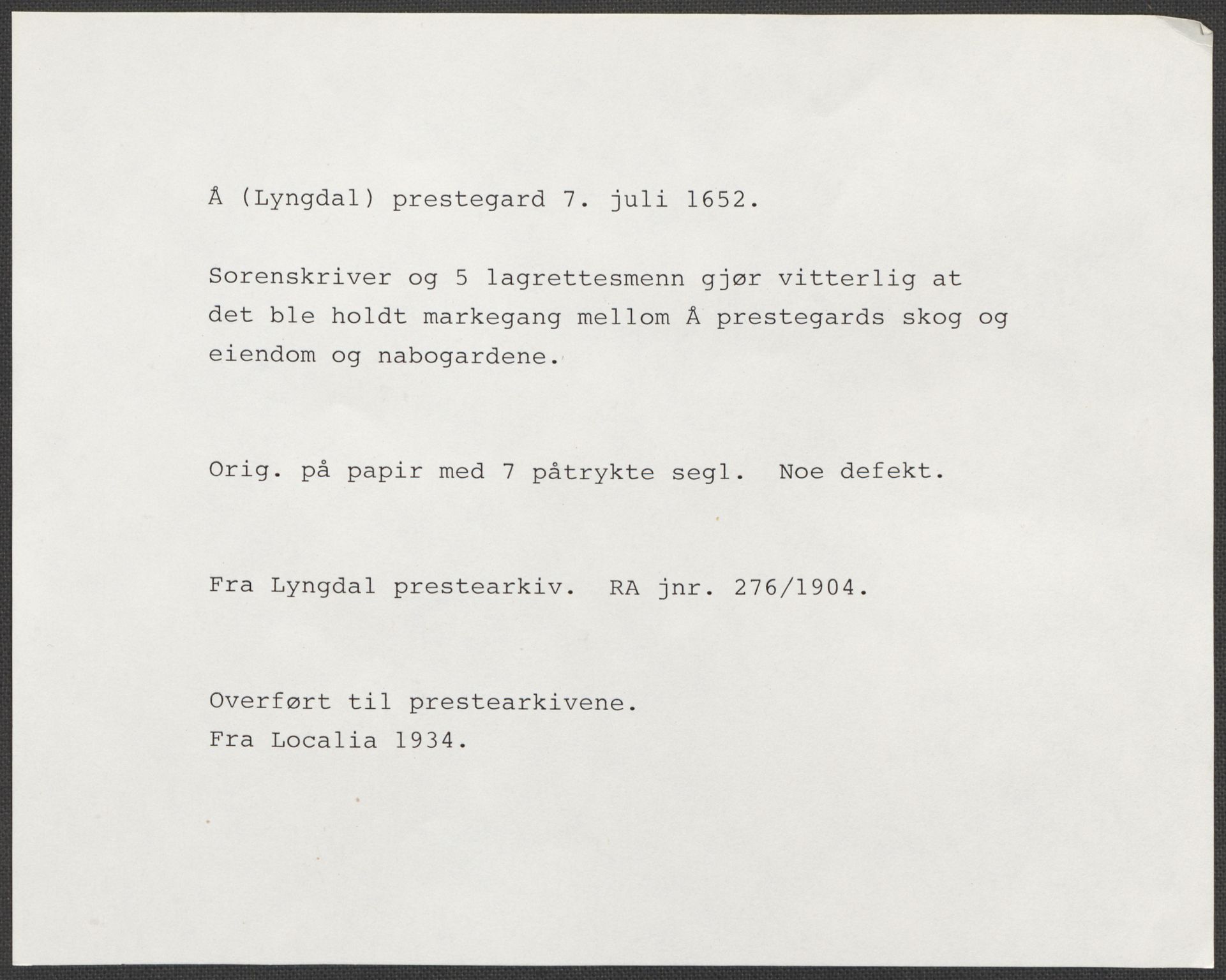 Riksarkivets diplomsamling, AV/RA-EA-5965/F15/L0032: Prestearkiv Vest-Agder, 1652-1741, p. 6