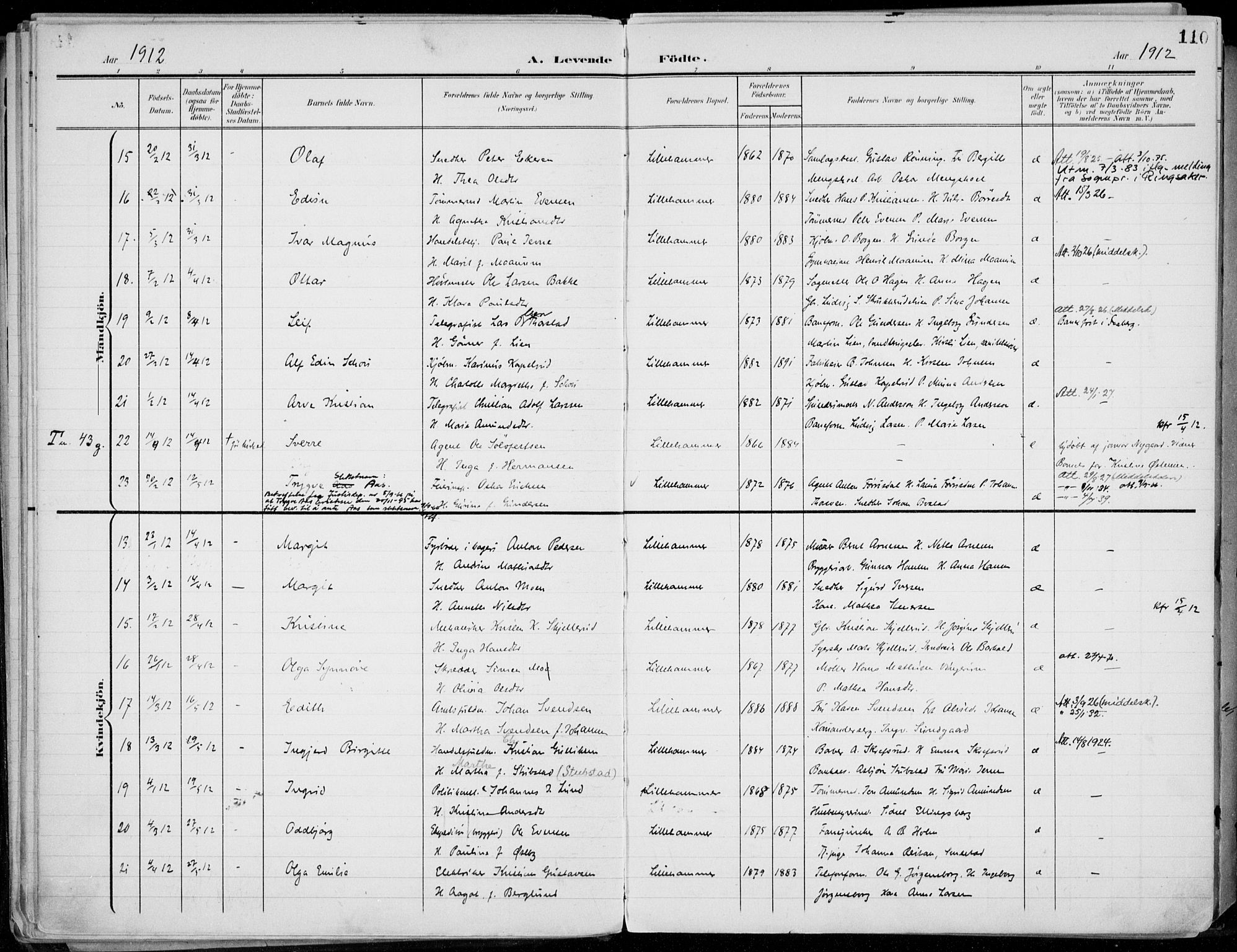 Lillehammer prestekontor, AV/SAH-PREST-088/H/Ha/Haa/L0001: Parish register (official) no. 1, 1901-1916, p. 110