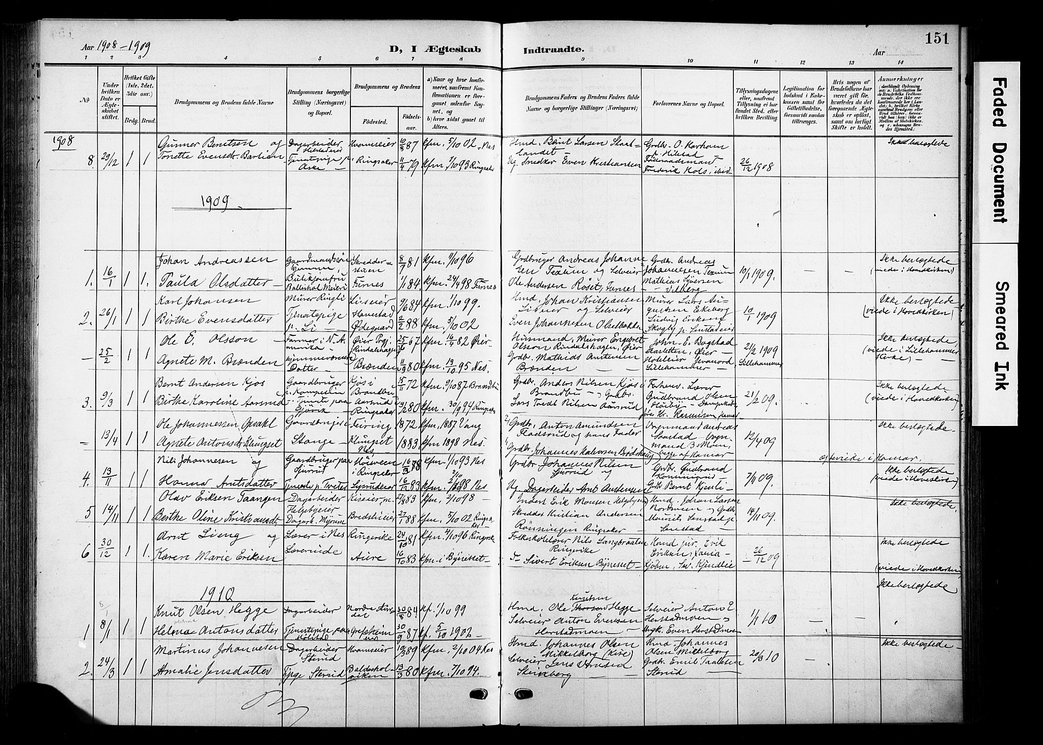 Nes prestekontor, Hedmark, SAH/PREST-020/K/Ka/L0013: Parish register (official) no. 13, 1906-1924, p. 151