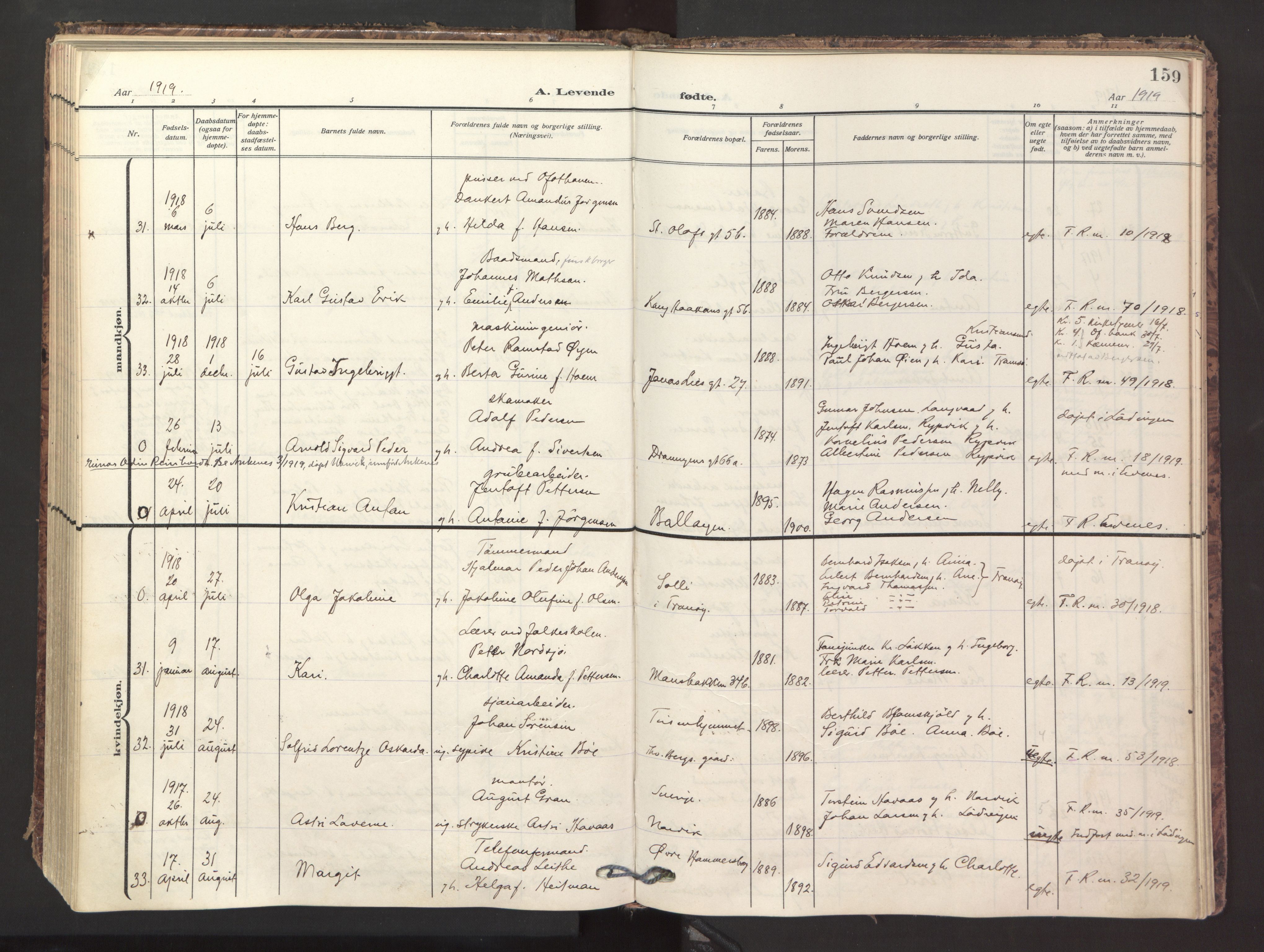 Ministerialprotokoller, klokkerbøker og fødselsregistre - Nordland, AV/SAT-A-1459/871/L1001: Parish register (official) no. 871A17, 1911-1921, p. 159