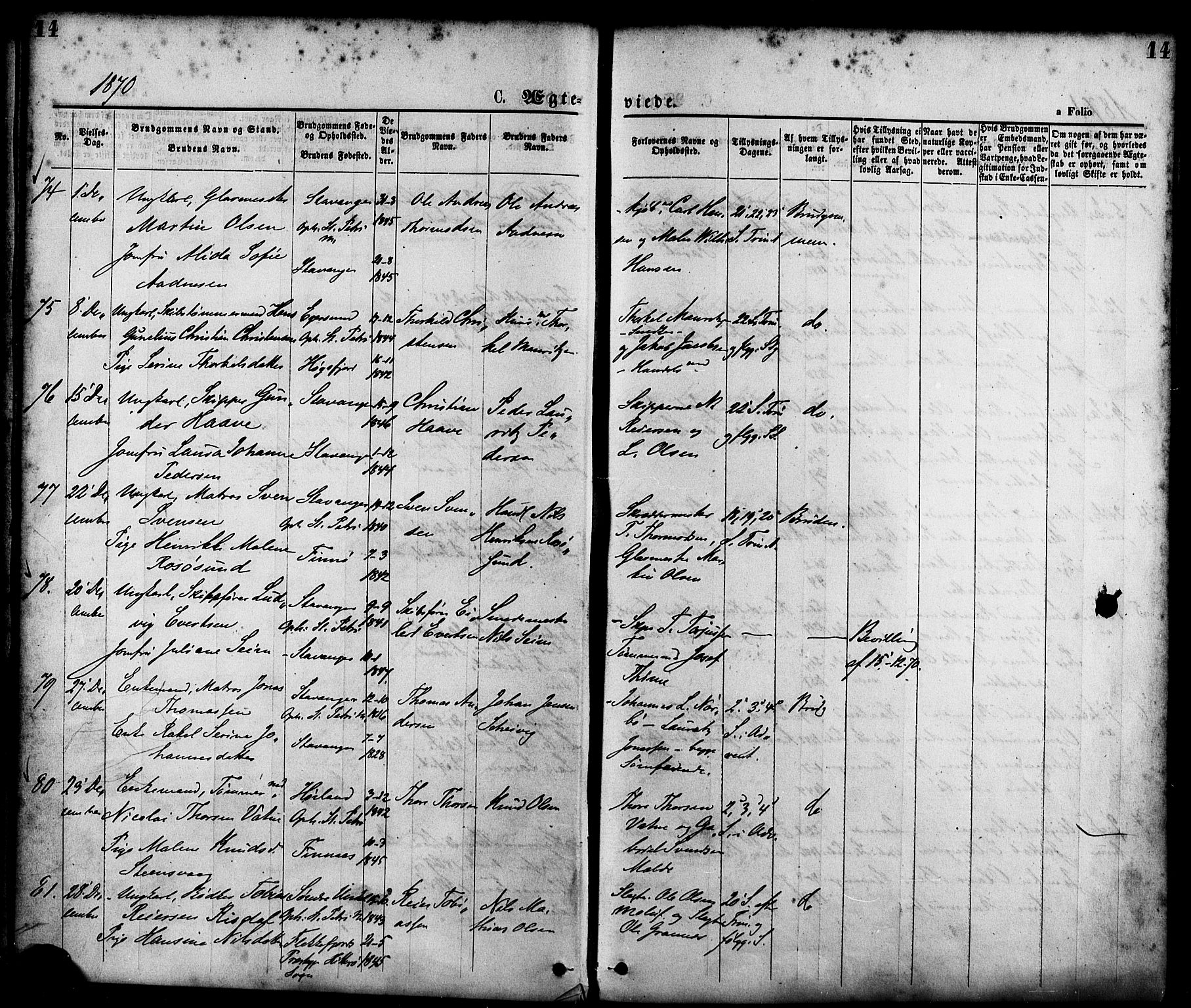 St. Petri sokneprestkontor, AV/SAST-A-101813/001/30/30BA/L0010: Parish register (official) no. A 10, 1869-1878, p. 14