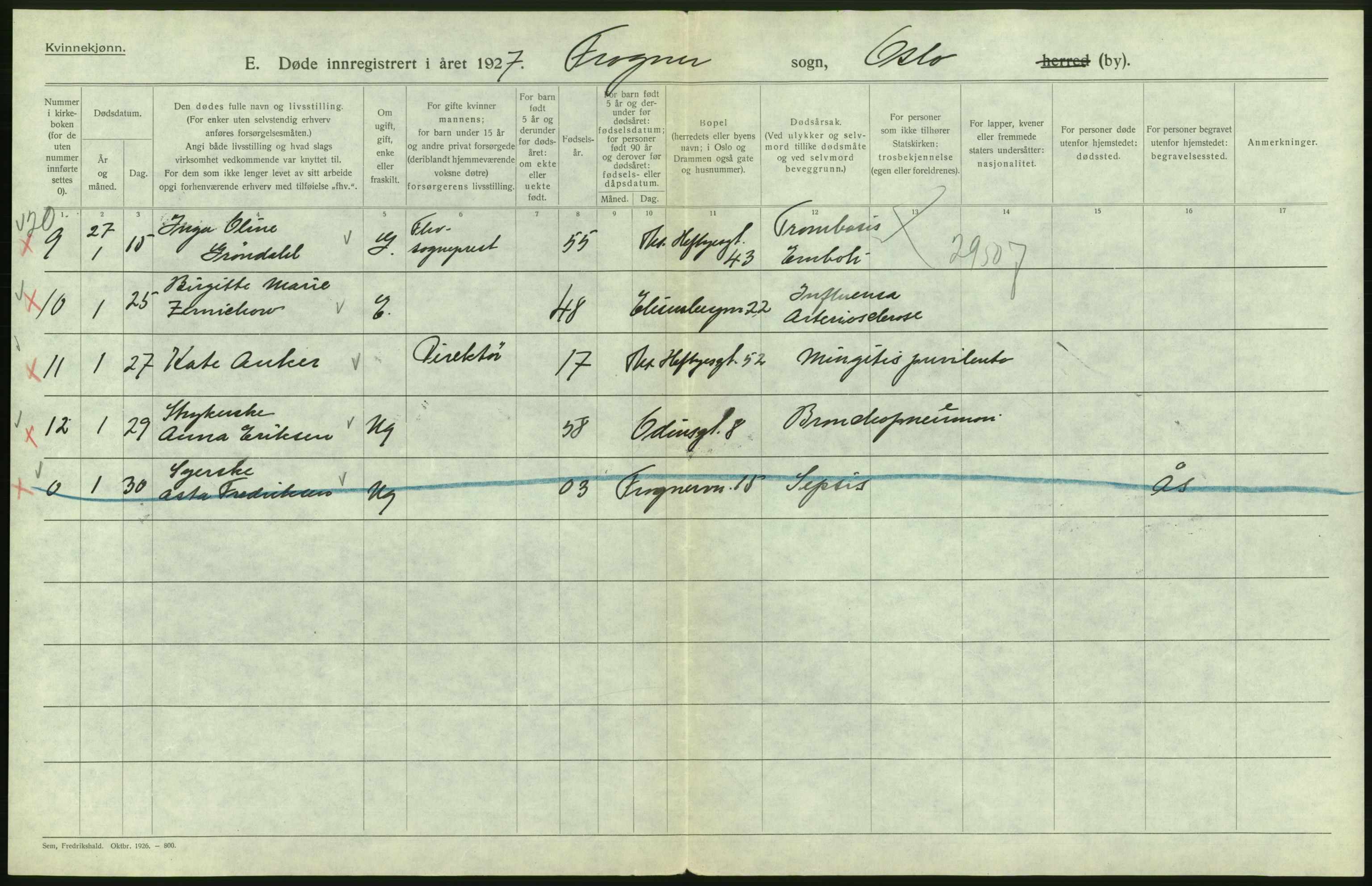 Statistisk sentralbyrå, Sosiodemografiske emner, Befolkning, AV/RA-S-2228/D/Df/Dfc/Dfcg/L0010: Oslo: Døde kvinner, dødfødte, 1927, p. 242