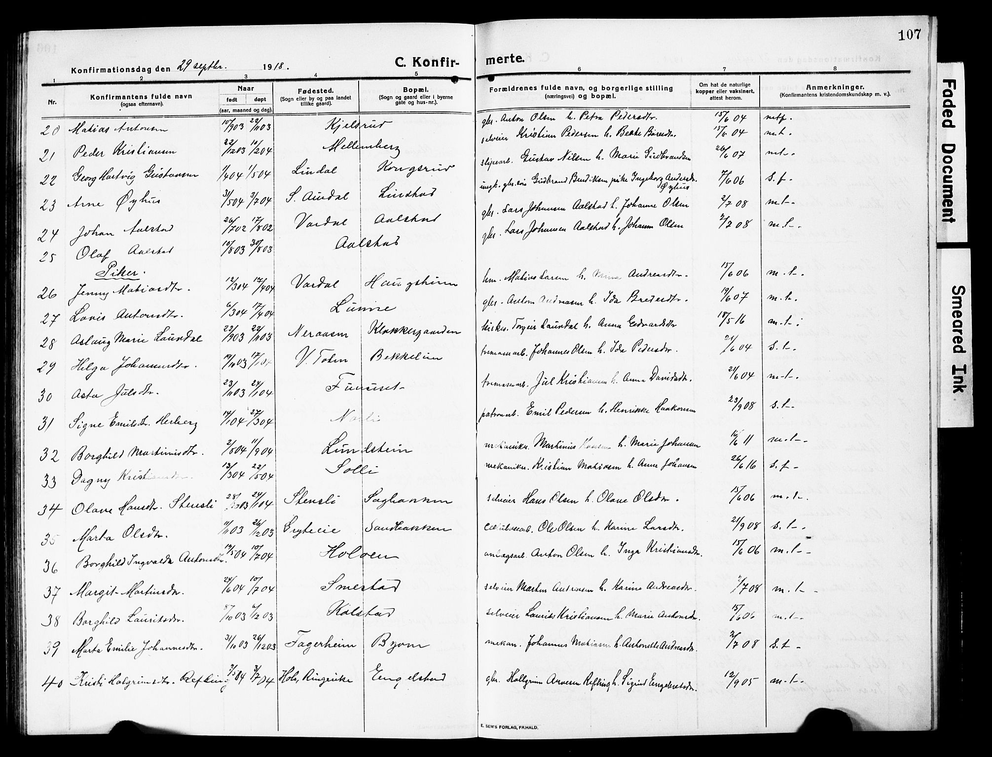 Vardal prestekontor, SAH/PREST-100/H/Ha/Hab/L0015: Parish register (copy) no. 15, 1914-1931, p. 107