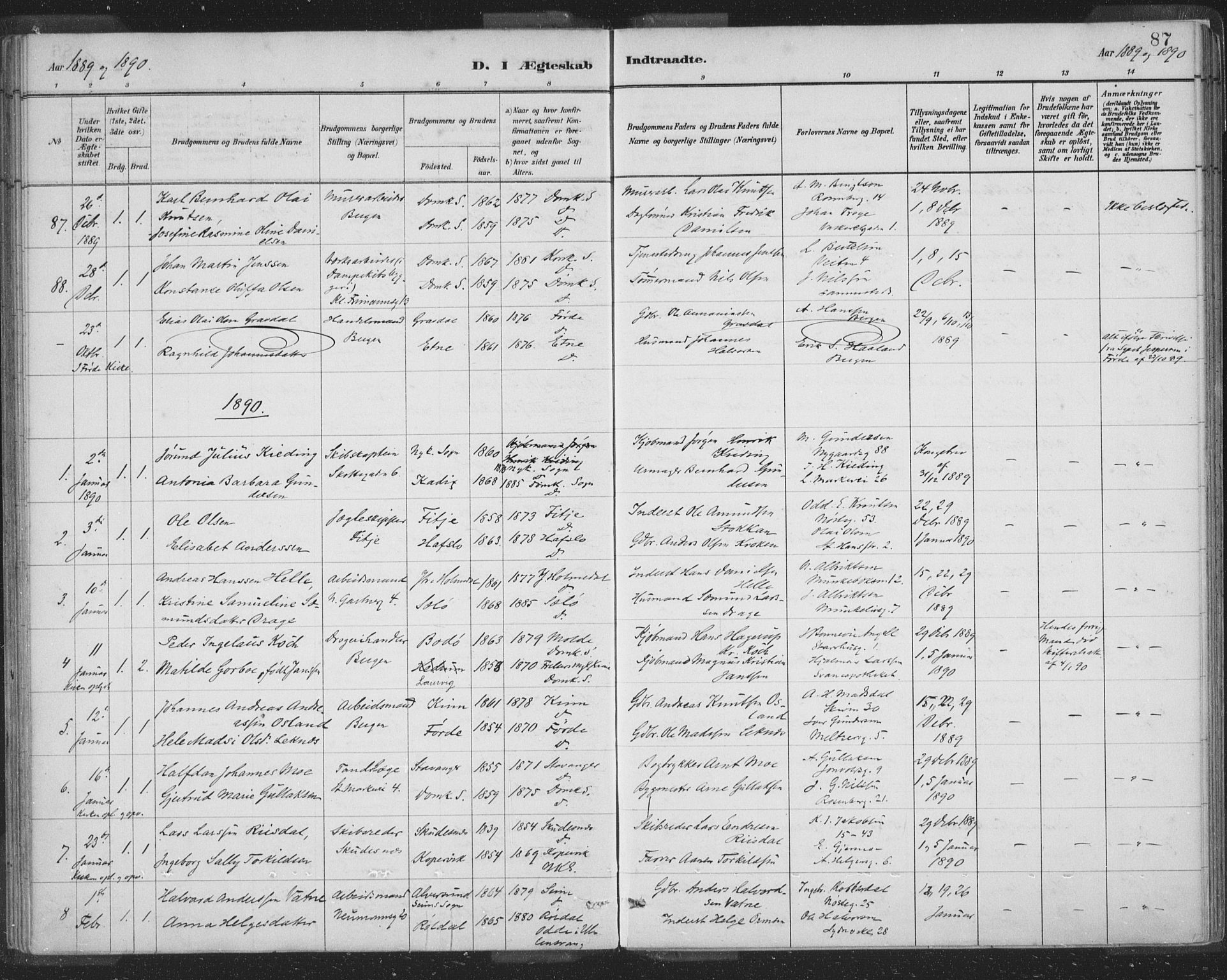 Domkirken sokneprestembete, AV/SAB-A-74801/H/Hab/L0032: Parish register (copy) no. D 4, 1880-1907, p. 87