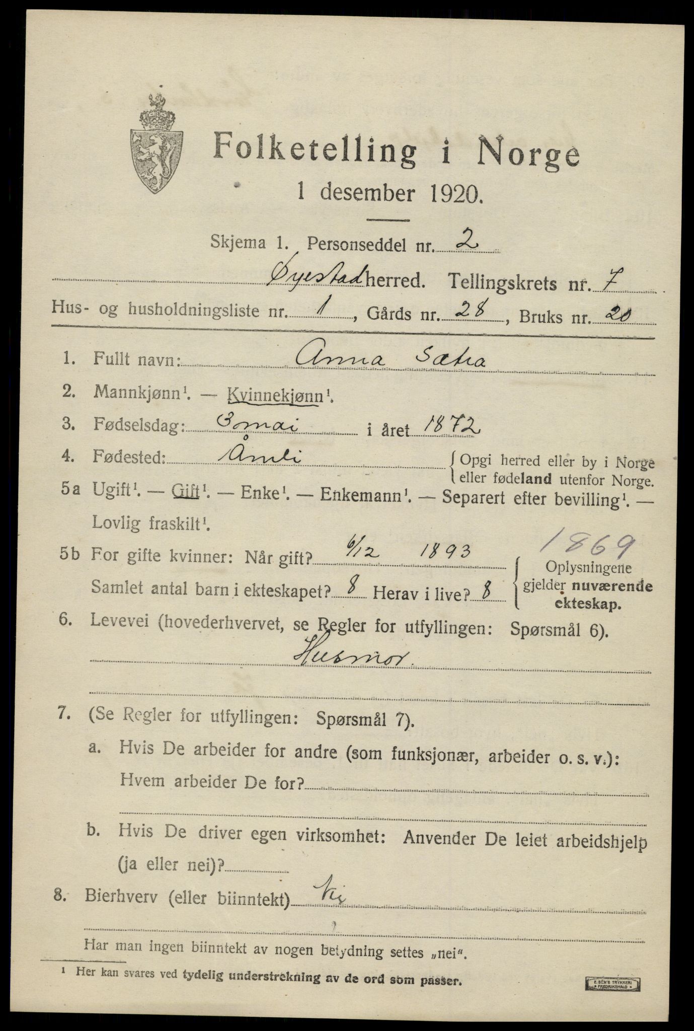 SAK, 1920 census for Øyestad, 1920, p. 4860