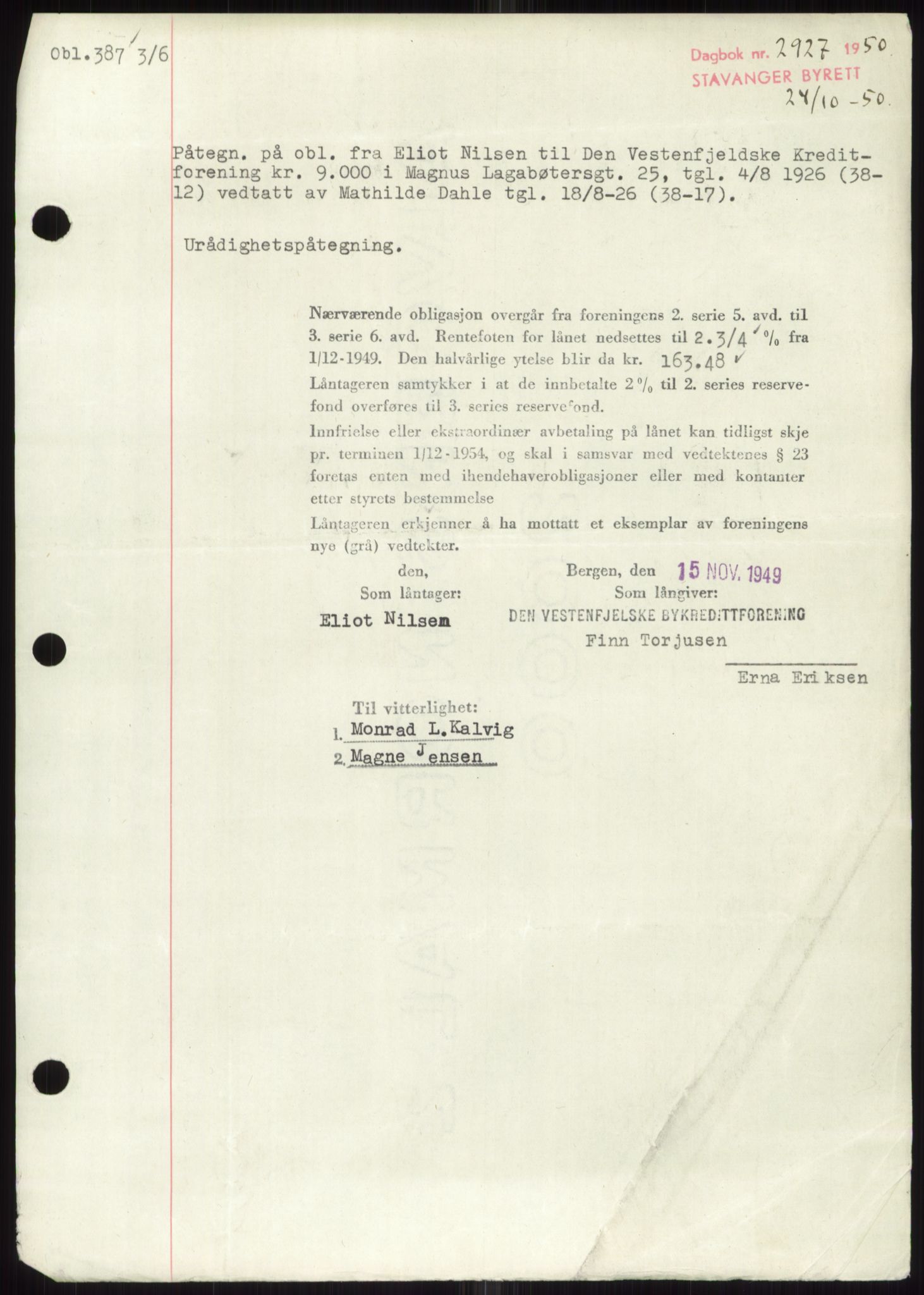 Stavanger byrett, SAST/A-100455/002/G/Gb/L0032: Mortgage book, 1947-1950, Diary no: : 2927/1950