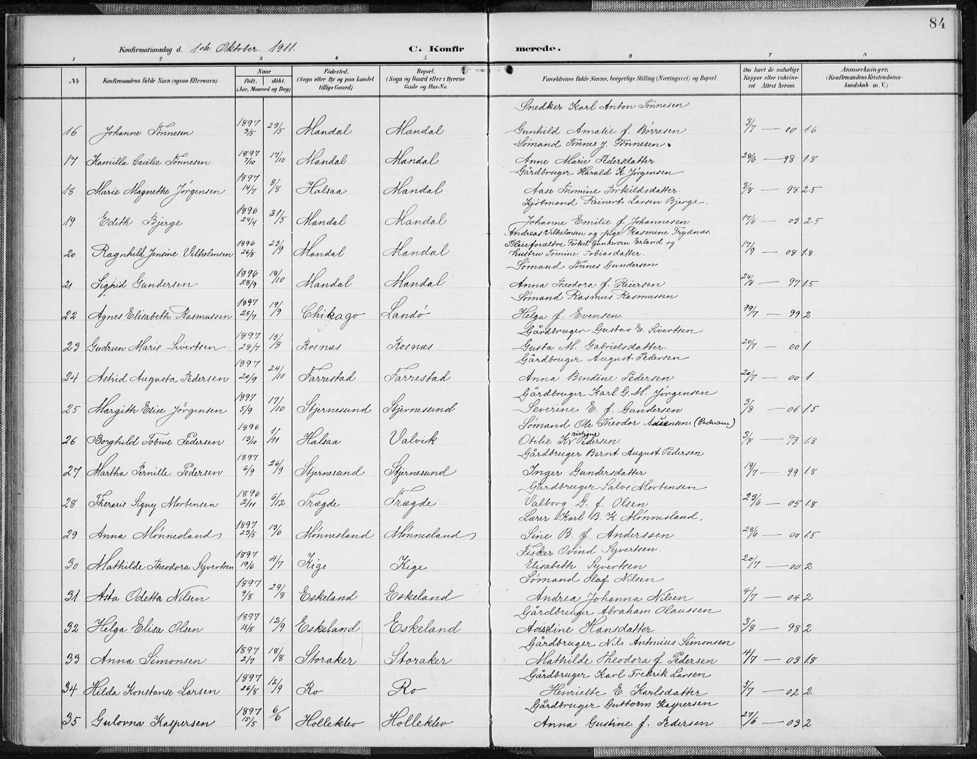 Mandal sokneprestkontor, AV/SAK-1111-0030/F/Fa/Faa/L0019: Parish register (official) no. A 19, 1902-1912, p. 84