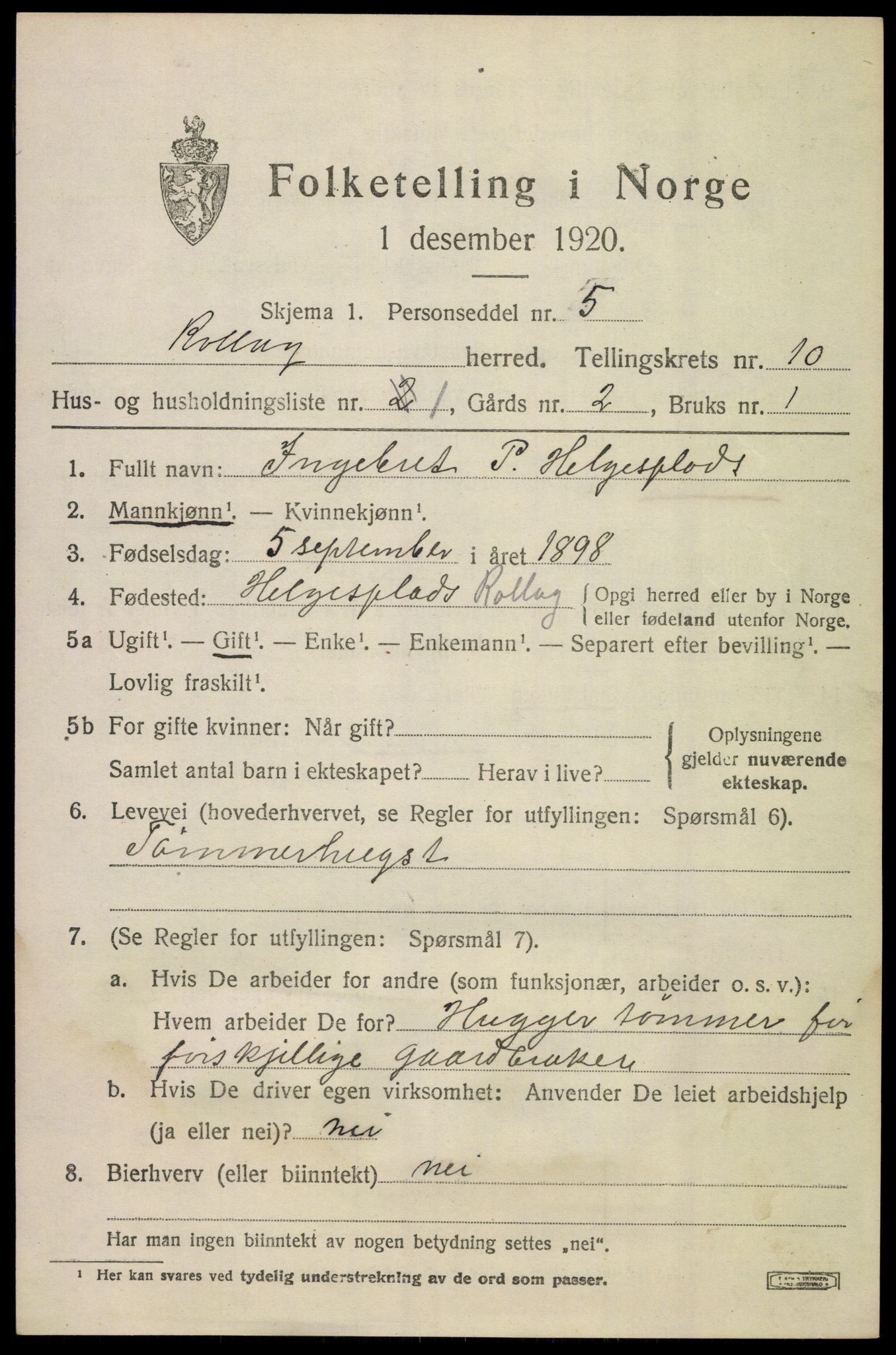 SAKO, 1920 census for Rollag, 1920, p. 3394