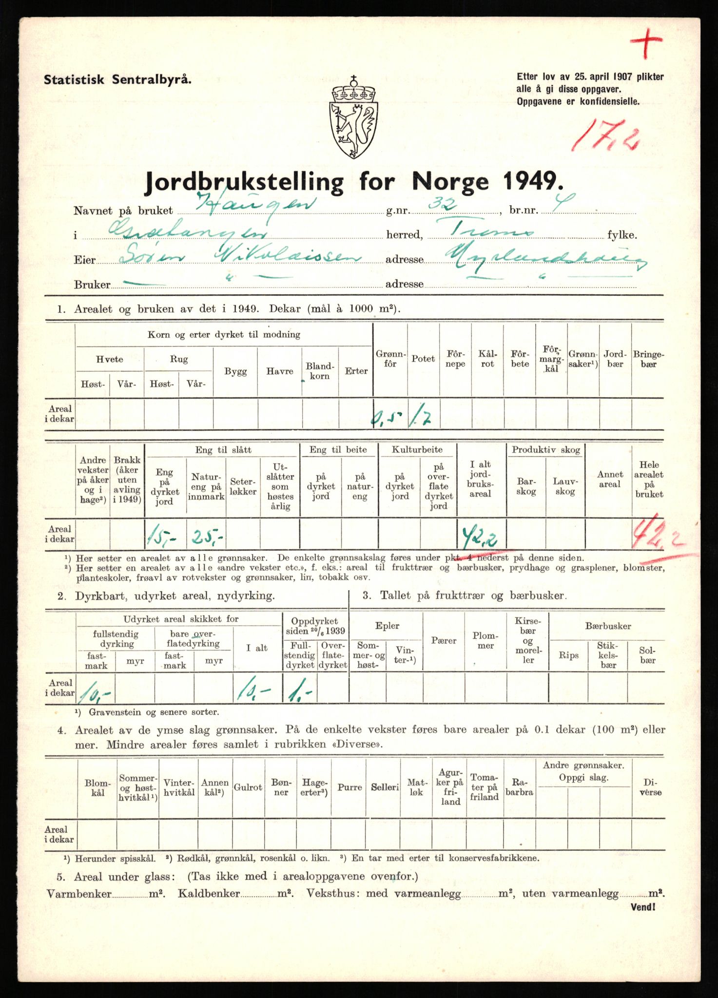 Statistisk sentralbyrå, Næringsøkonomiske emner, Jordbruk, skogbruk, jakt, fiske og fangst, AV/RA-S-2234/G/Gc/L0437: Troms: Gratangen og Lavangen, 1949, p. 1131