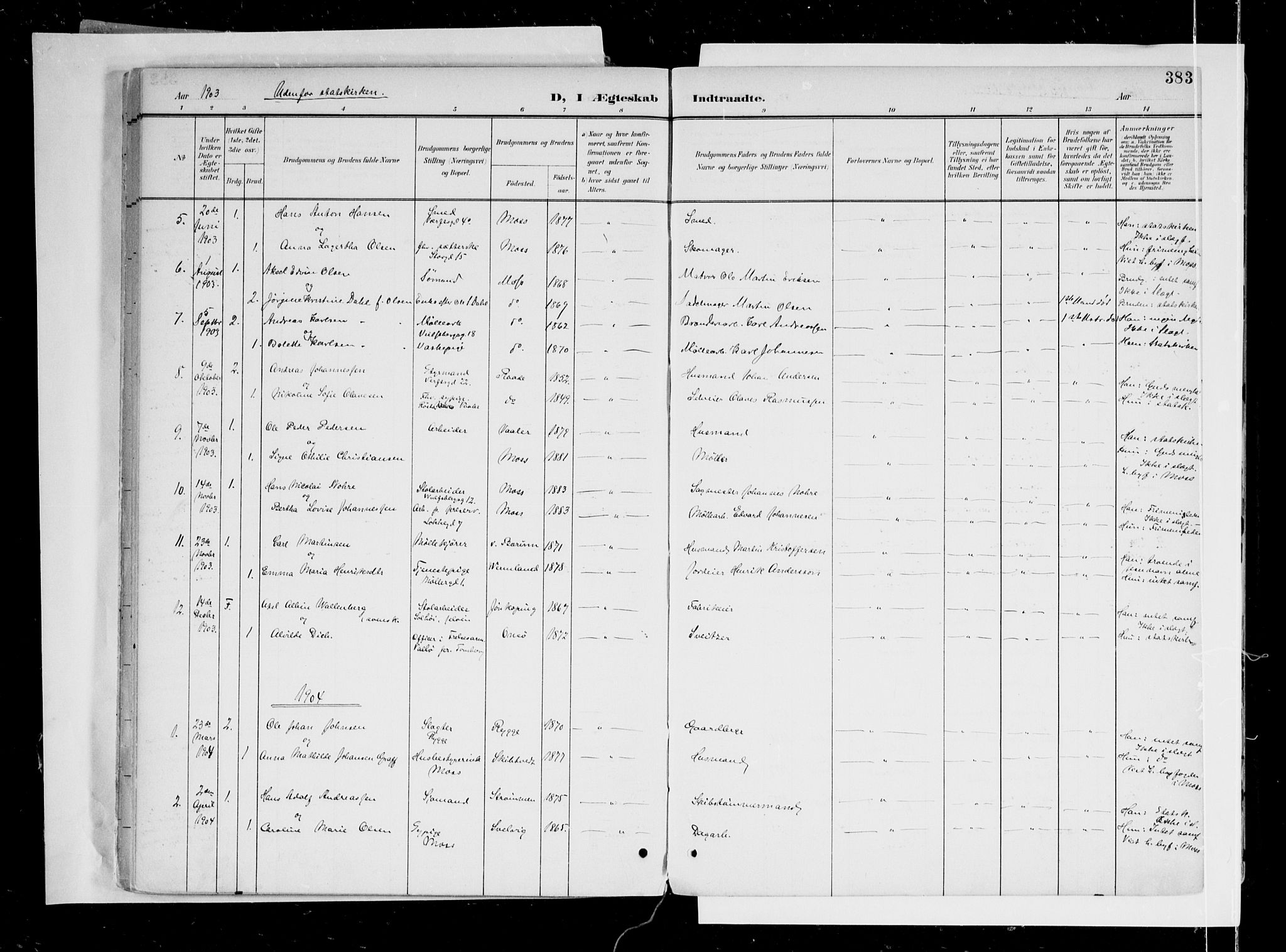 Moss prestekontor Kirkebøker, AV/SAO-A-2003/F/Fb/L0004: Parish register (official) no. II 4, 1902-1912, p. 383