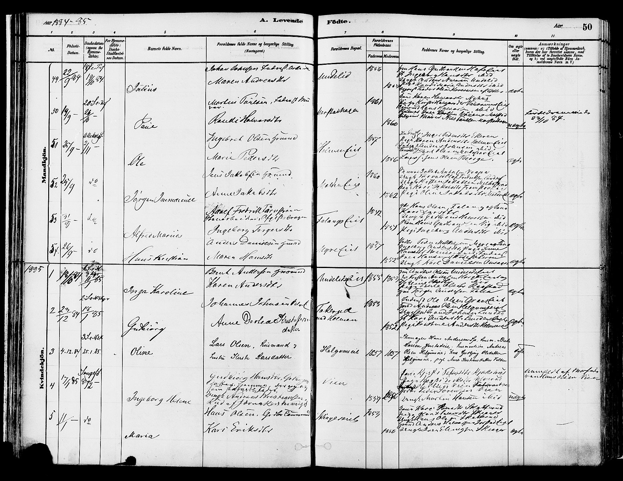 Gran prestekontor, SAH/PREST-112/H/Ha/Haa/L0014: Parish register (official) no. 14, 1880-1889, p. 50