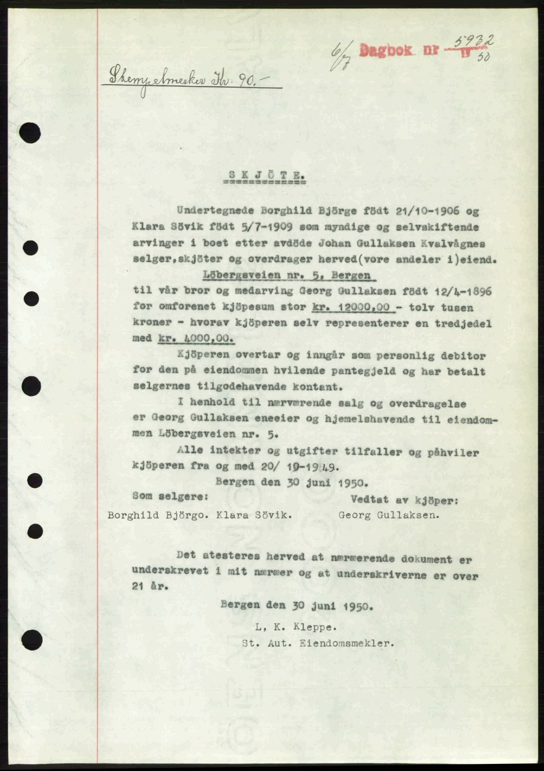 Byfogd og Byskriver i Bergen, AV/SAB-A-3401/03/03Bc/L0033: Mortgage book no. A26-27, 1950-1950, Diary no: : 5932/1950
