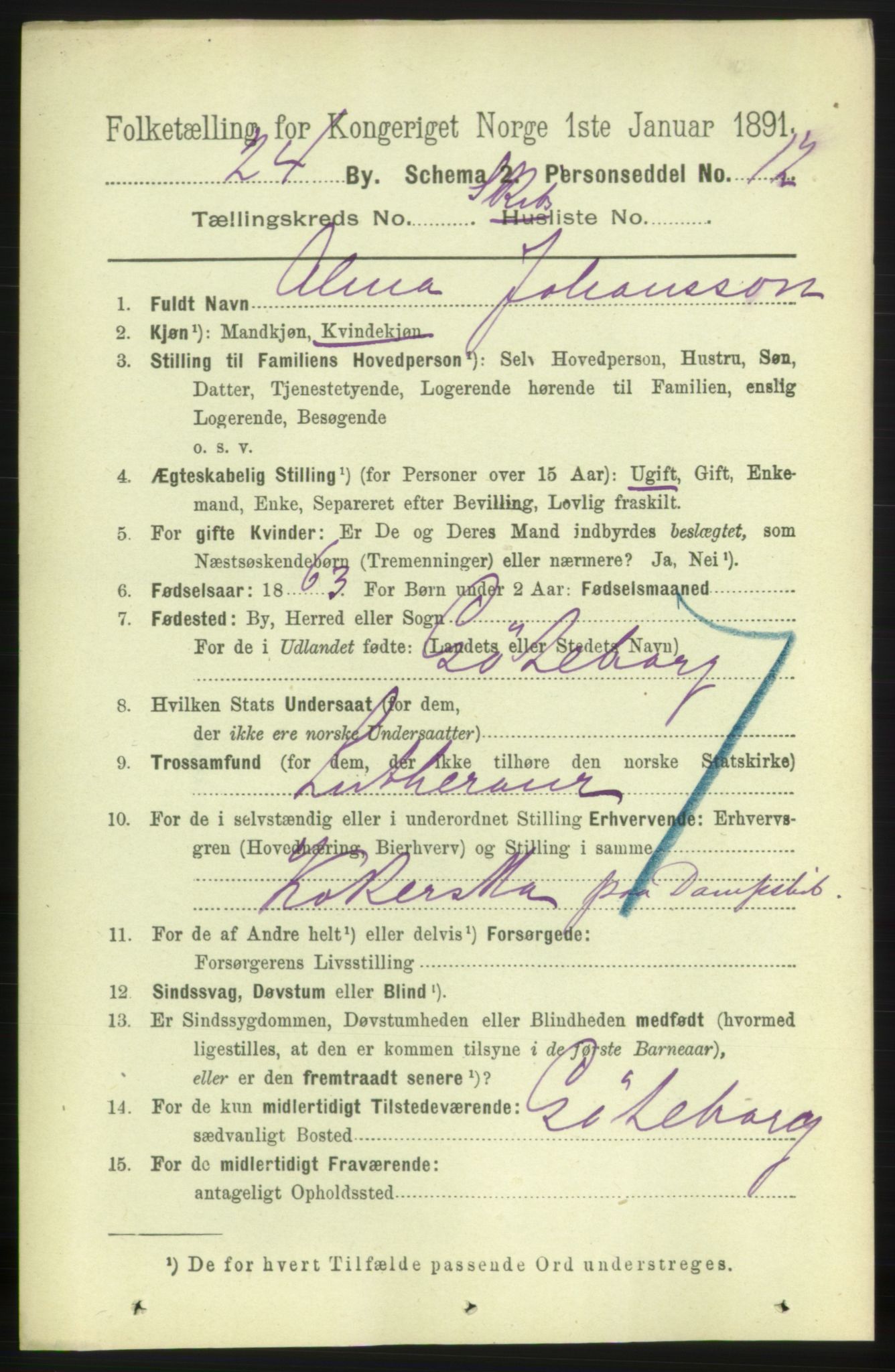 RA, 1891 census for 0707 Larvik, 1891, p. 13947