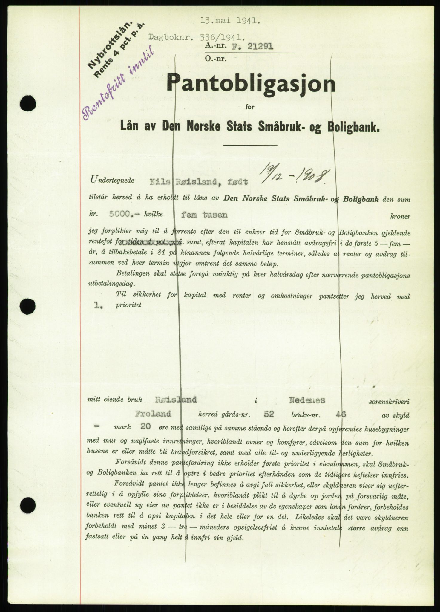 Nedenes sorenskriveri, SAK/1221-0006/G/Gb/Gbb/L0001: Mortgage book no. I, 1939-1942, Diary no: : 336/1941